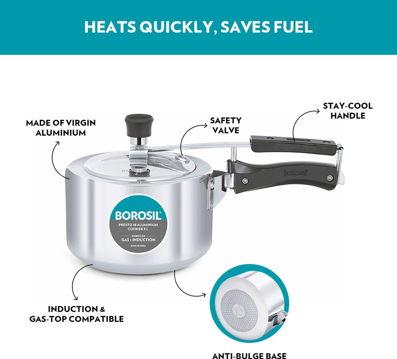 Image of BOROSIL Presto IB 3 L Inner Lid Induction Bottom Pressure Cooker