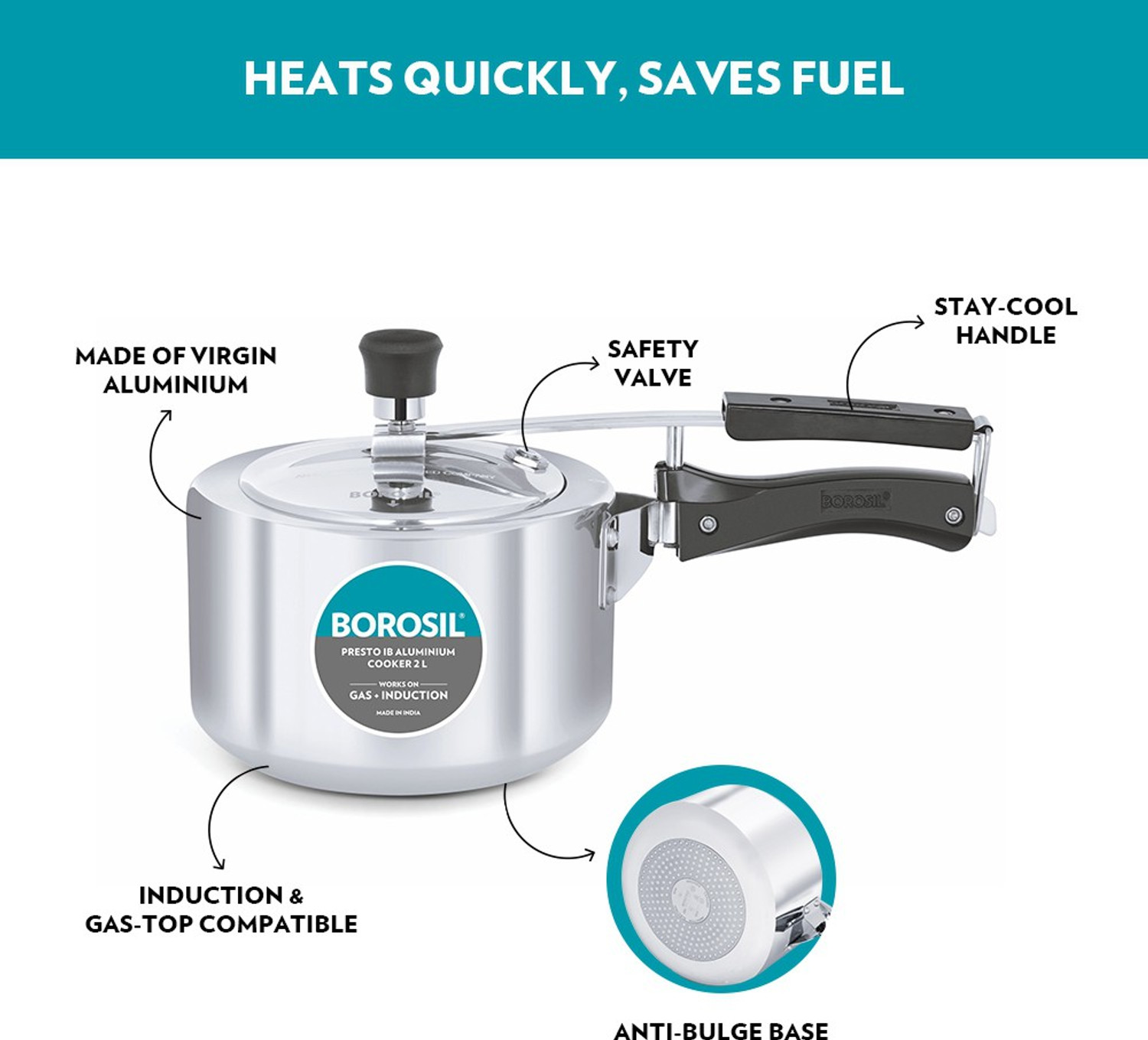 Image of BOROSIL Presto IB 2 L Inner Lid Induction Bottom Pressure Cooker