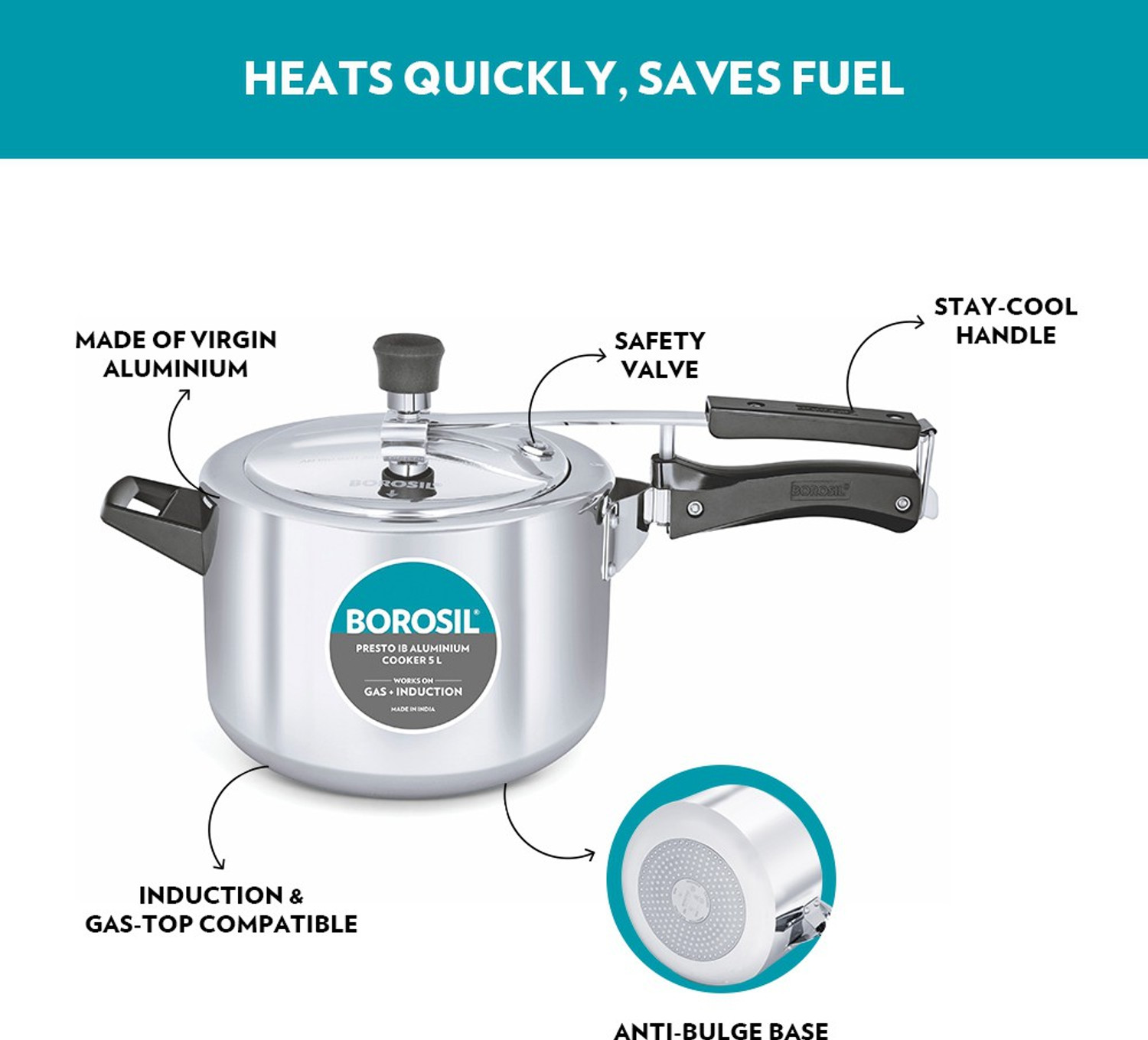 Image of BOROSIL Presto Aluminum 5 L Inner Lid Induction Bottom Pressure Cooker