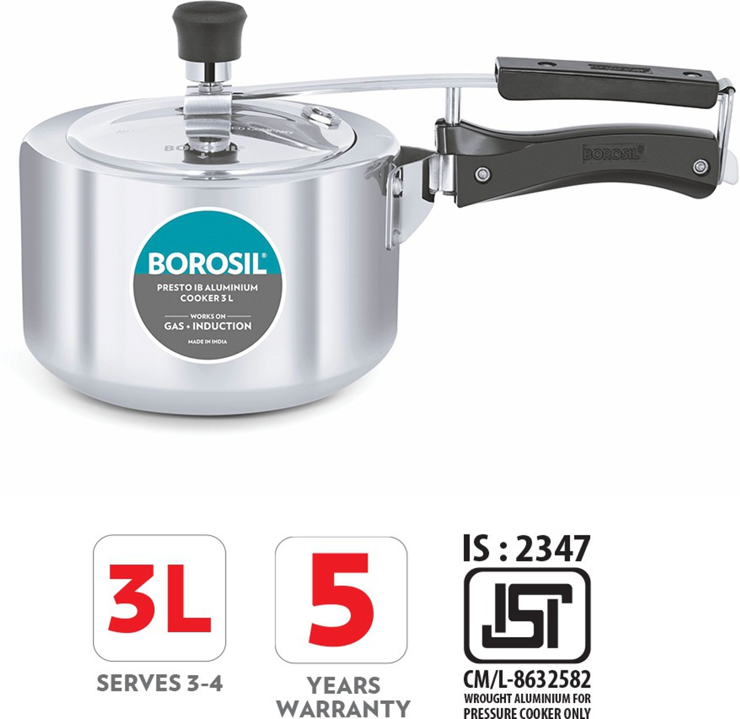 Image of BOROSIL Presto IB 3 L Inner Lid Induction Bottom Pressure Cooker