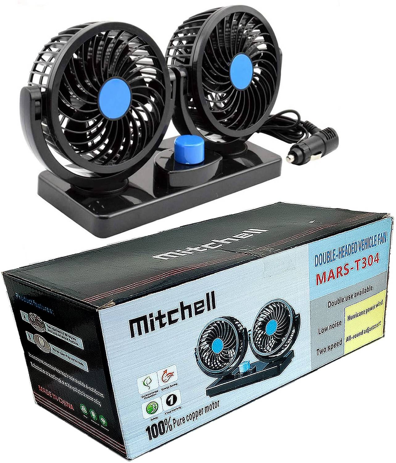 Ajeetech Auto Cooling Air Car Fan 12V 360 Degree Rotatable Dual Head 2 Speed Universal Car Interior Fan