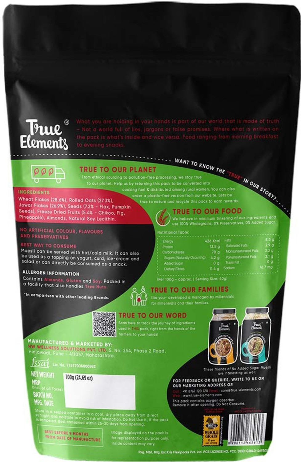 Image of True Elements No Added Sugar Muesli - with Real Fruits, sugar free breakfast Cereal, Diet Food Pouch