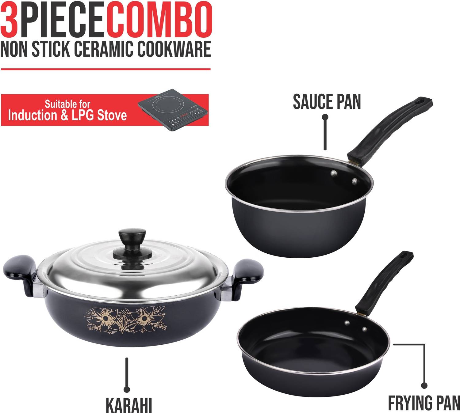 MandU 3pc Kitchen Accessories Set | Non Stick Induction Friendly Cookware | Kadai , Fry Pan ,Sauce Pan | Ceramic Hard Anodized | Cast Iron Utensils...