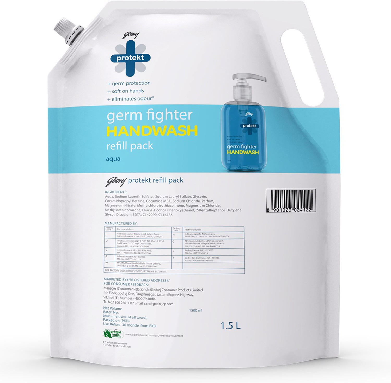 Image of Godrej Protekt Germ Fighter Aqua Hand Wash Refill Pouch