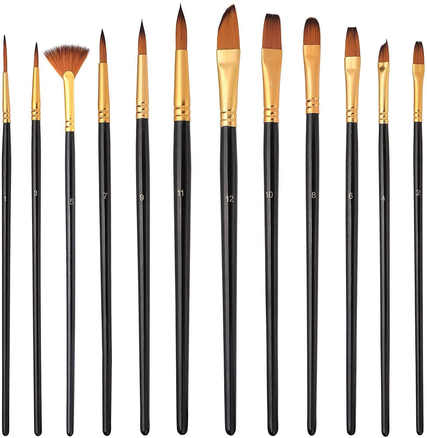 Image of Asha Craft Artist 12pcs Professional Nylon Painting Pens Wooden pole Acrylic Oil Watercolor Artist Paint Brush Set