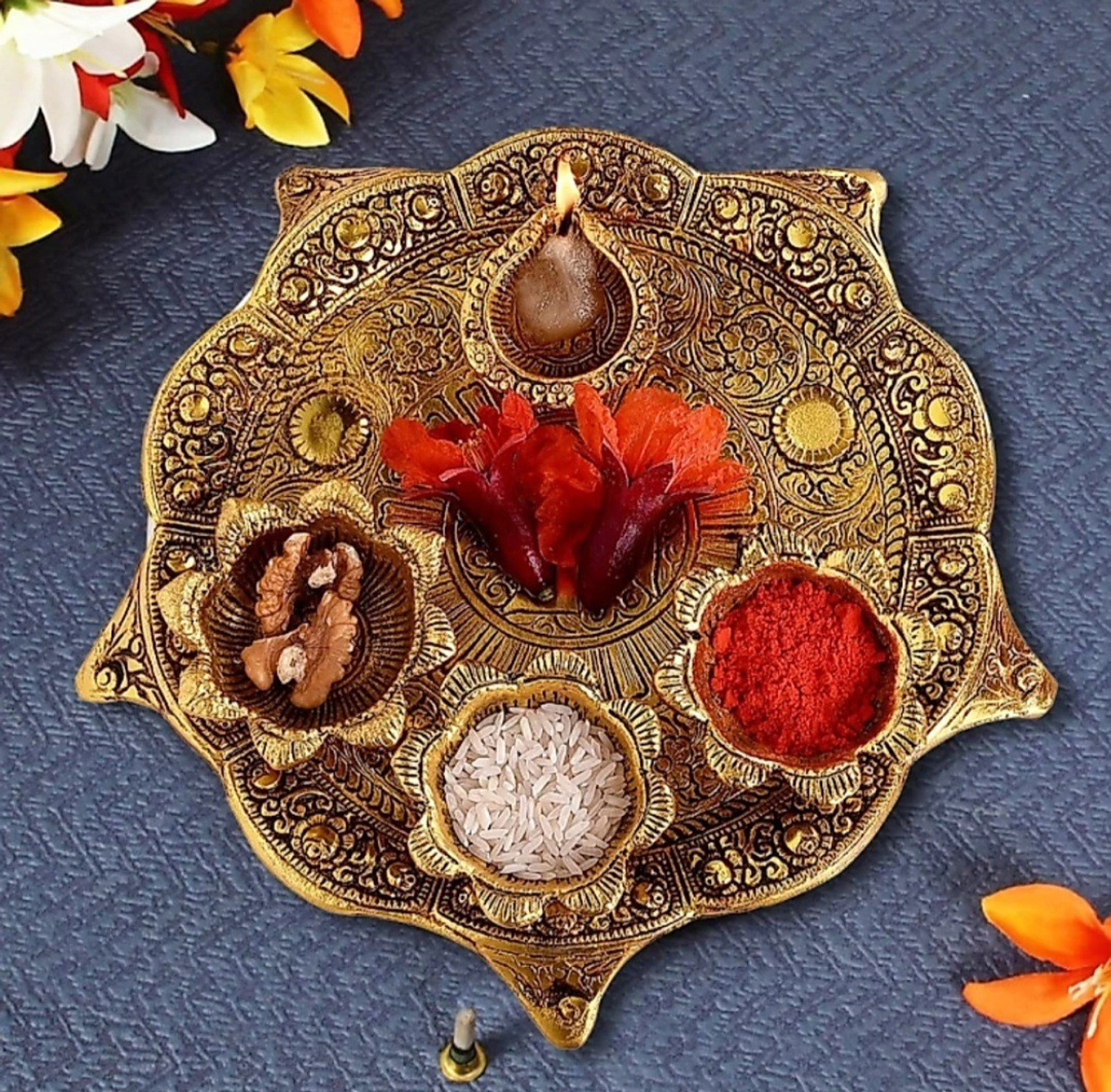 Image of SP Handicrafts Pooja Thali with Diya, Set for Wedding, Rakhsha Bhandhan, Bhai Dooj, Function Aluminium