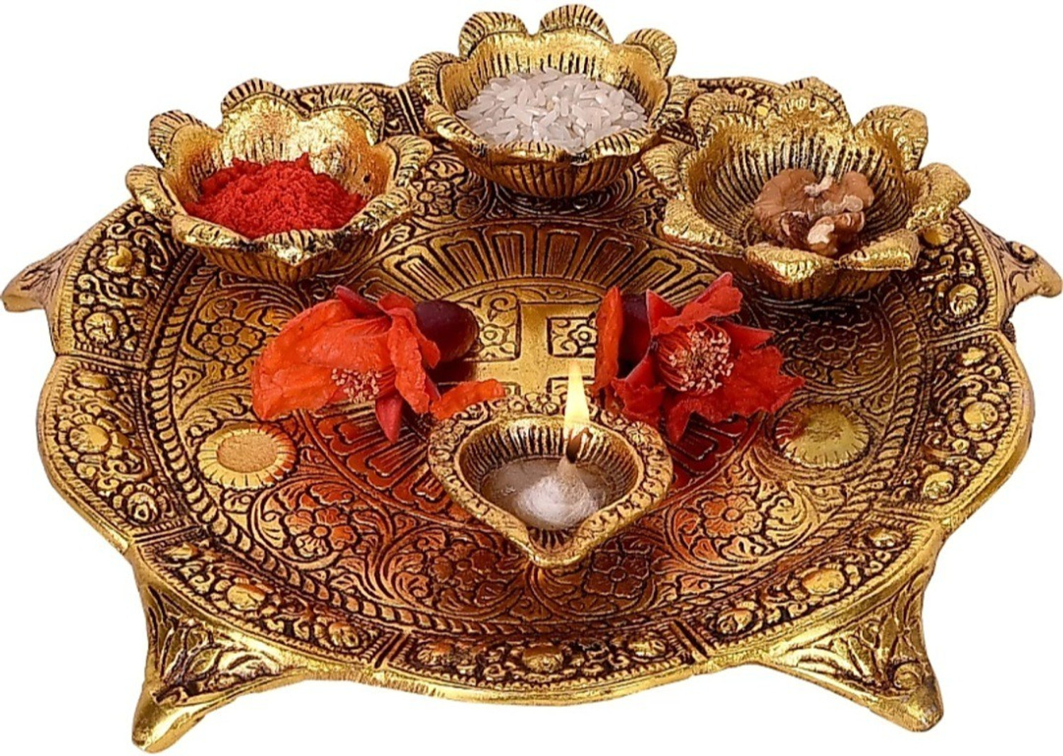Image of SP Handicrafts Pooja Thali with Diya, Set for Wedding, Rakhsha Bhandhan, Bhai Dooj, Function Aluminium