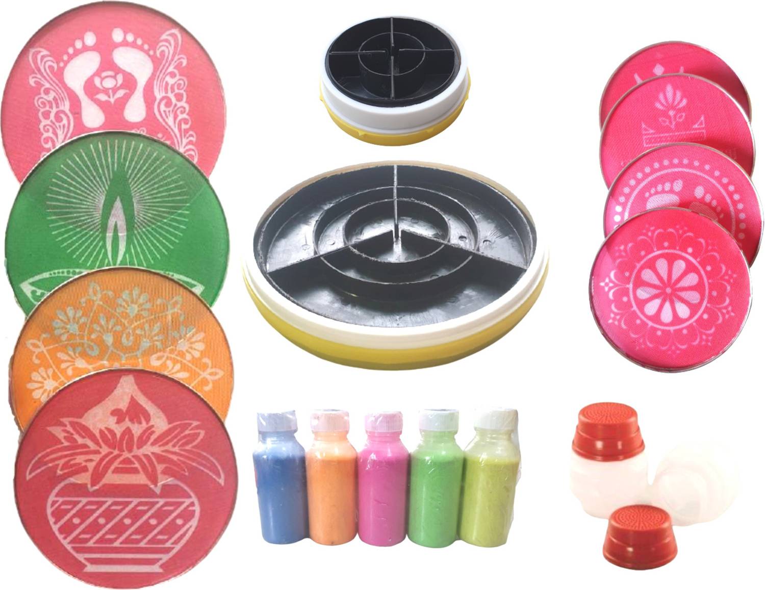 Artonezt Rangoli Tool kit for Making Unique and Beautiful Rangoli Designs-2 Plastic Rangoli Magic Stamp (4" and 8"), 8 Rangoli Stencils, 5 Rangoli Colour Bottles, 2 Rangoli Fillers Rangoli Stencil
