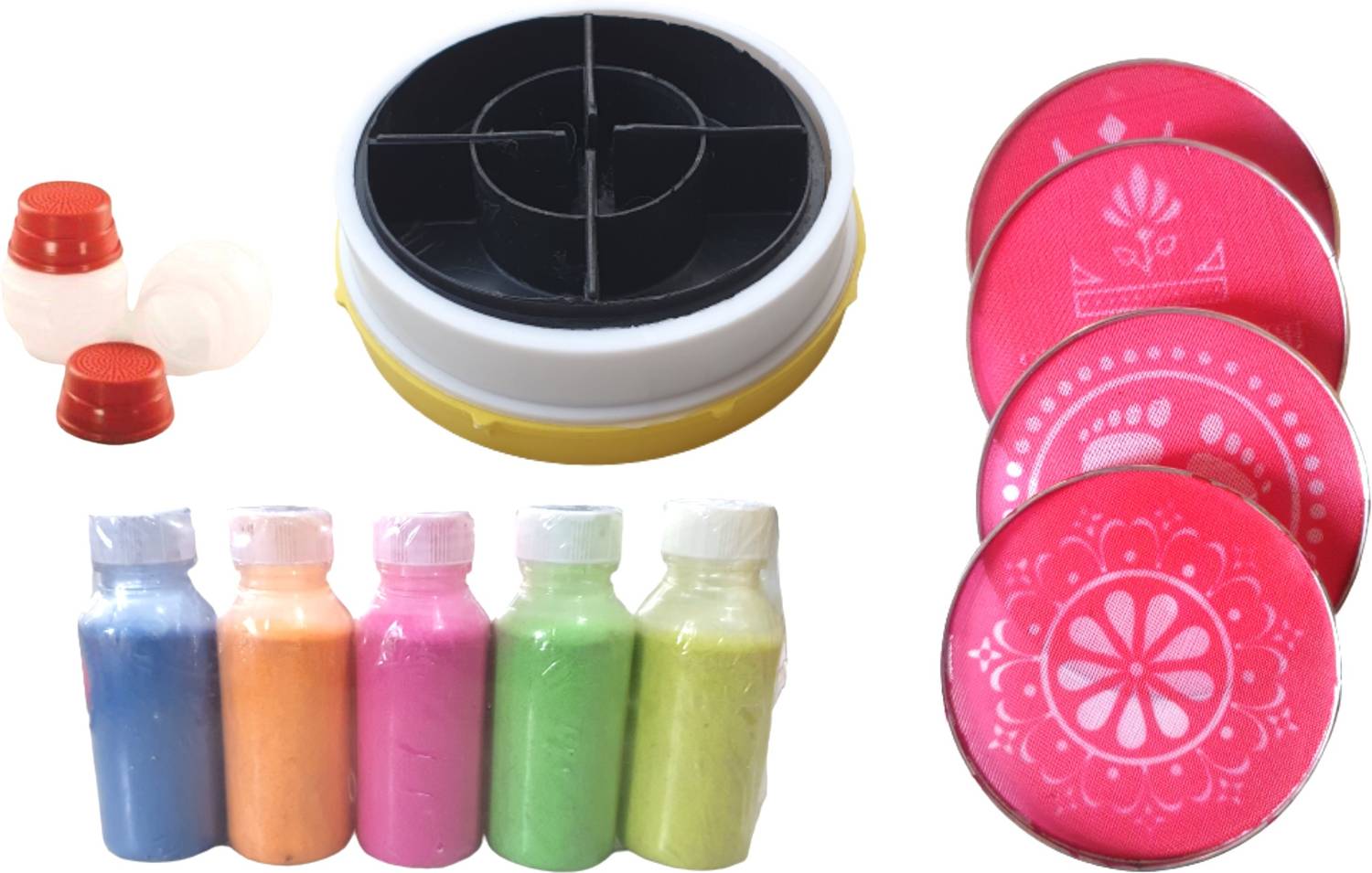 Artonezt Rangoli Tool kit for Making Unique and Beautiful Rangoli Designs-1 Plastic Rangoli Magic Stamp, 4 Rangoli Stencils (4"), 5 Rangoli Colour Bottles, 2 Rangoli Fillers Rangoli Stencil