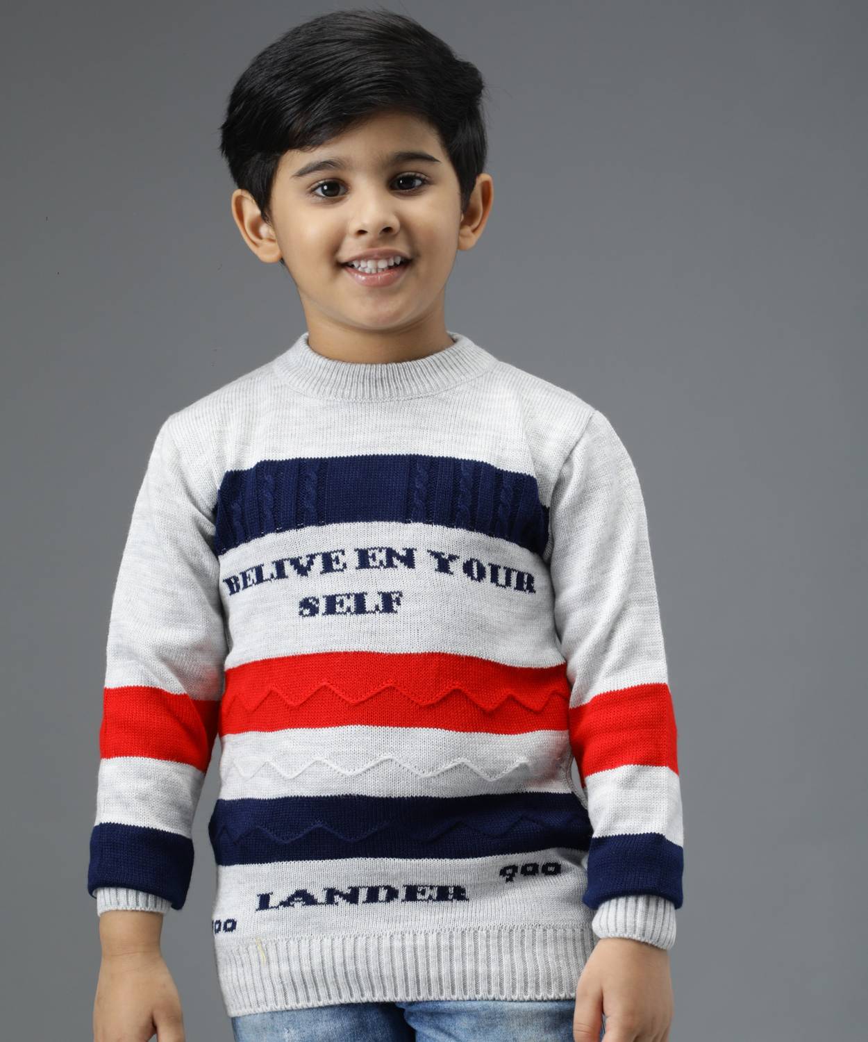 ANIXA Woven Round Neck Casual Boys & Girls Grey Sweater
