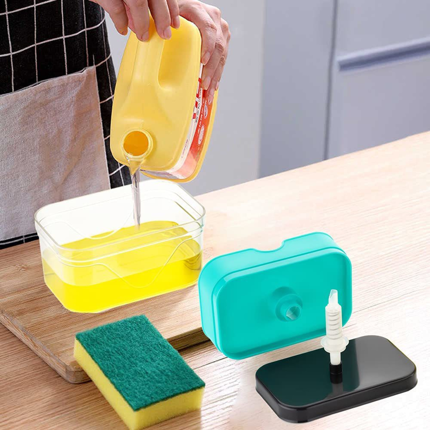 Image of ARTH Liquid Soap Press-Type Pump Dispenser with Sponge Holder for kitchen (Sky Blue) 400 ml Liquid Dispenser