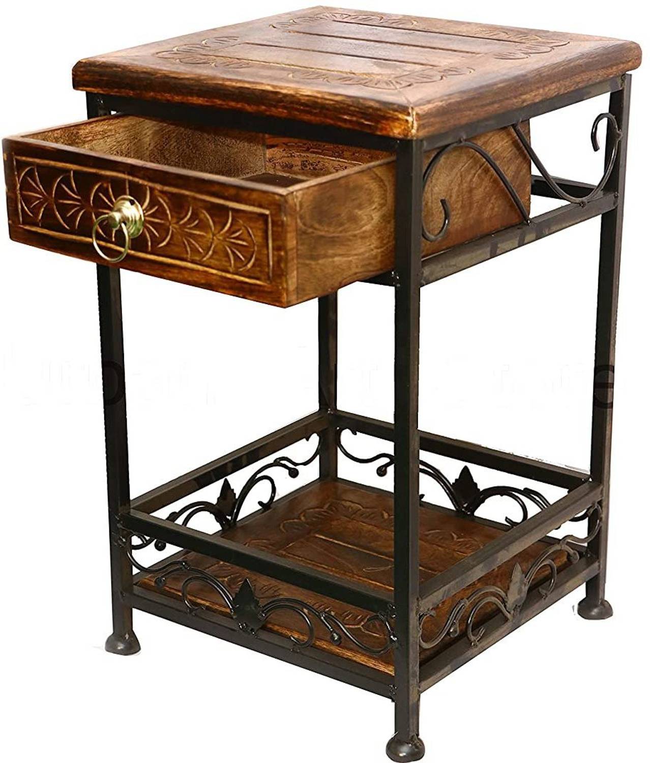 Re:ens 古材 × Iron Side Table - raw edge - manzees Wood & Wrought Iron Side Table with Drawer for Living Room