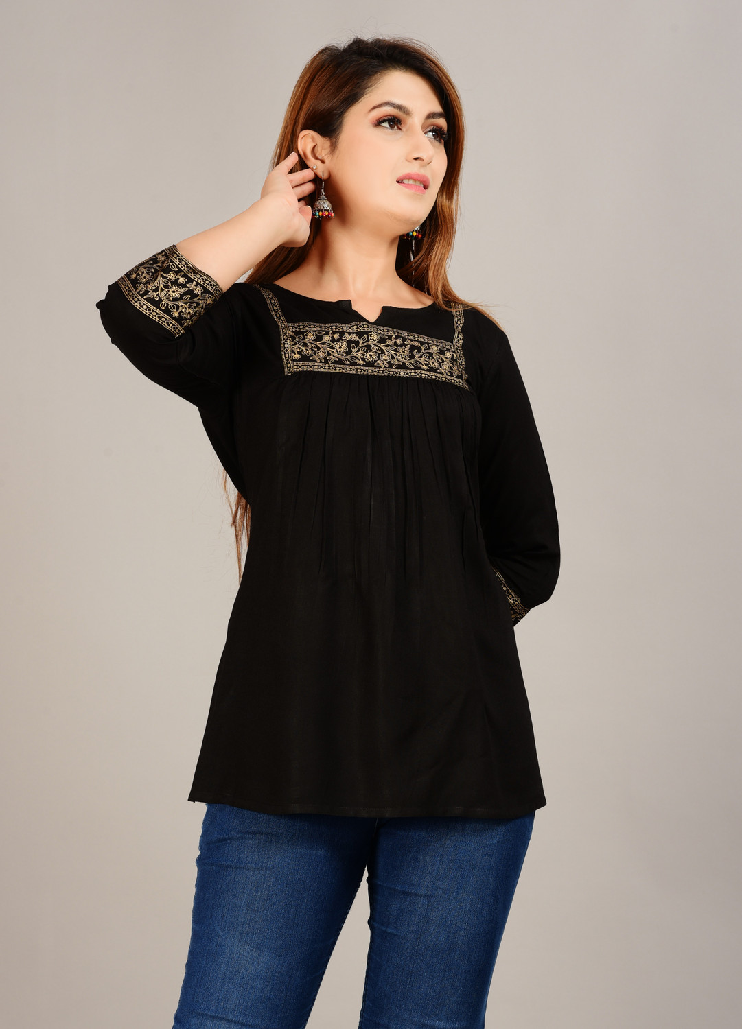 Image of Angarkha Casual Embroidered, Floral Print Women Black Top