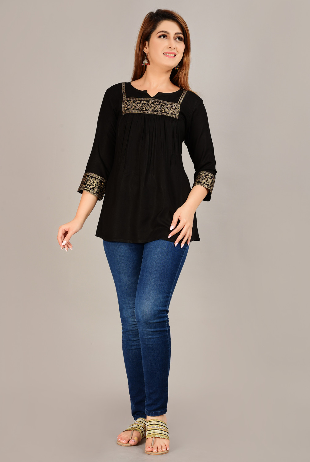 Image of Angarkha Casual Embroidered, Floral Print Women Black Top