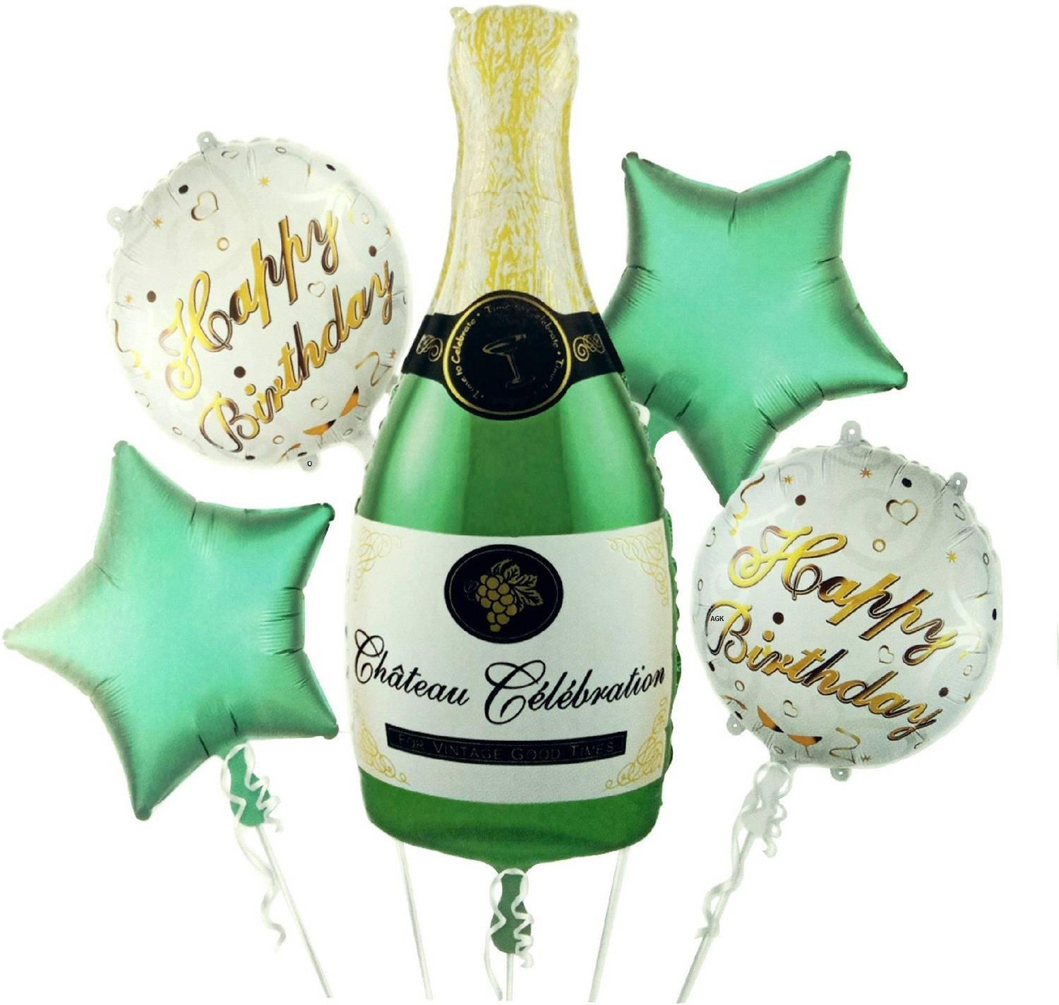 Agk Printed Happy Birthday Balloon set includes 1 pcs 3D printed Champagne bottle foil balloon, 2 pcs Green Shiny Star Shape Foil balloon, 2 pcs Happy Birthday Printed Balloon (Set of 5 pcs) for Birthday Decoration Balloon