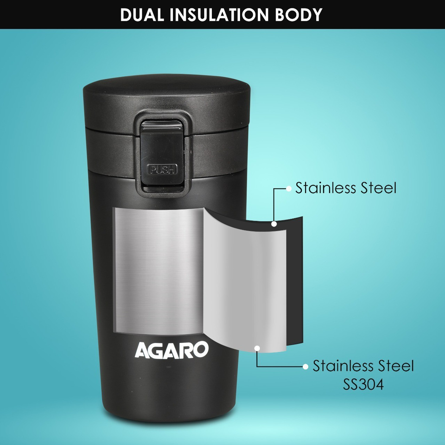 Image of AGARO Elite Stainless Steel ,Hot and Cold Upto 3hrs, (Black) 300 ml Steel Flask