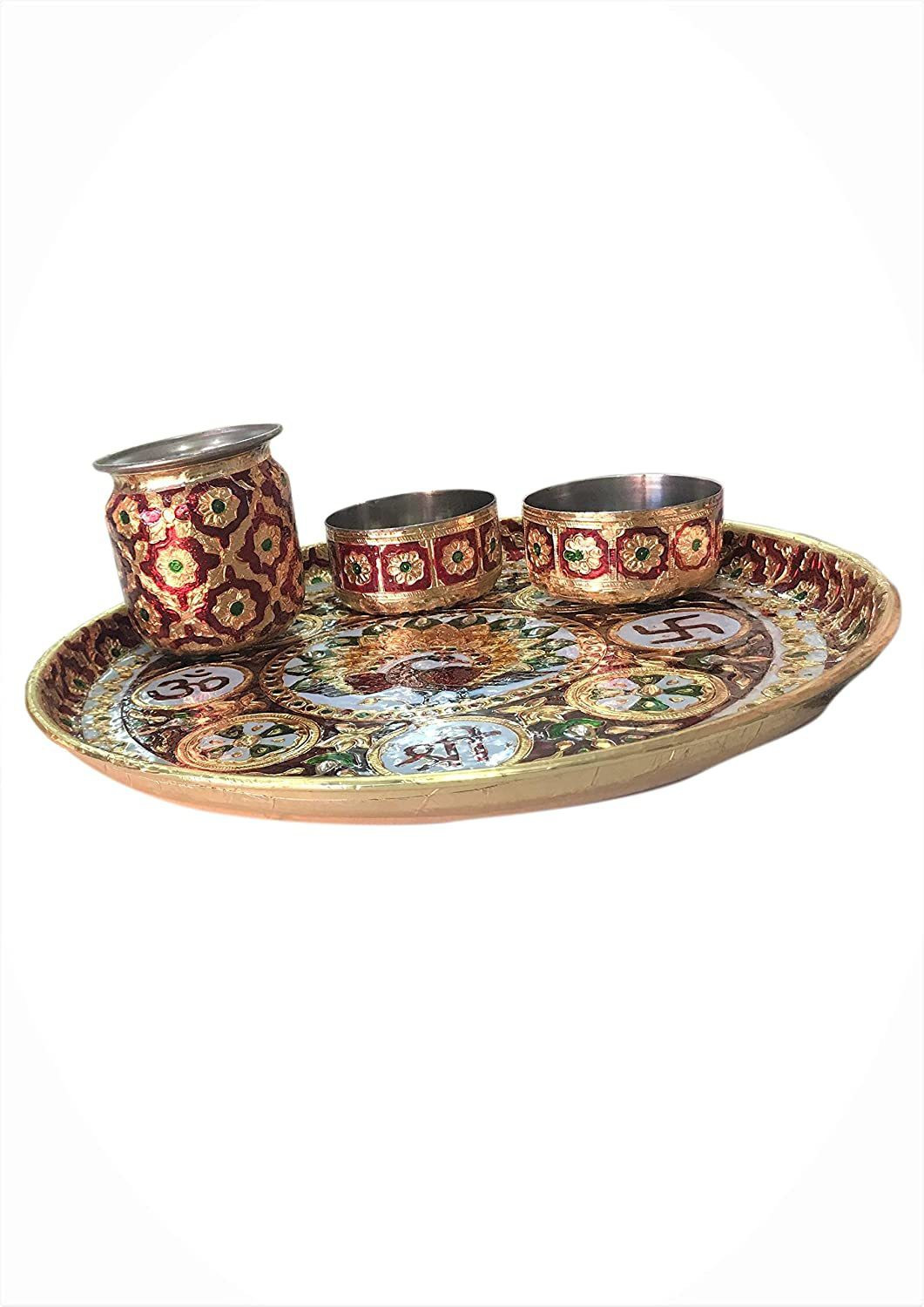 Image of Shrisha Creation handicraft stainless steal meenakari pooja thali, aarti thali & karva chauth thali Stainless Steel (1 Pieces, Multicolor)