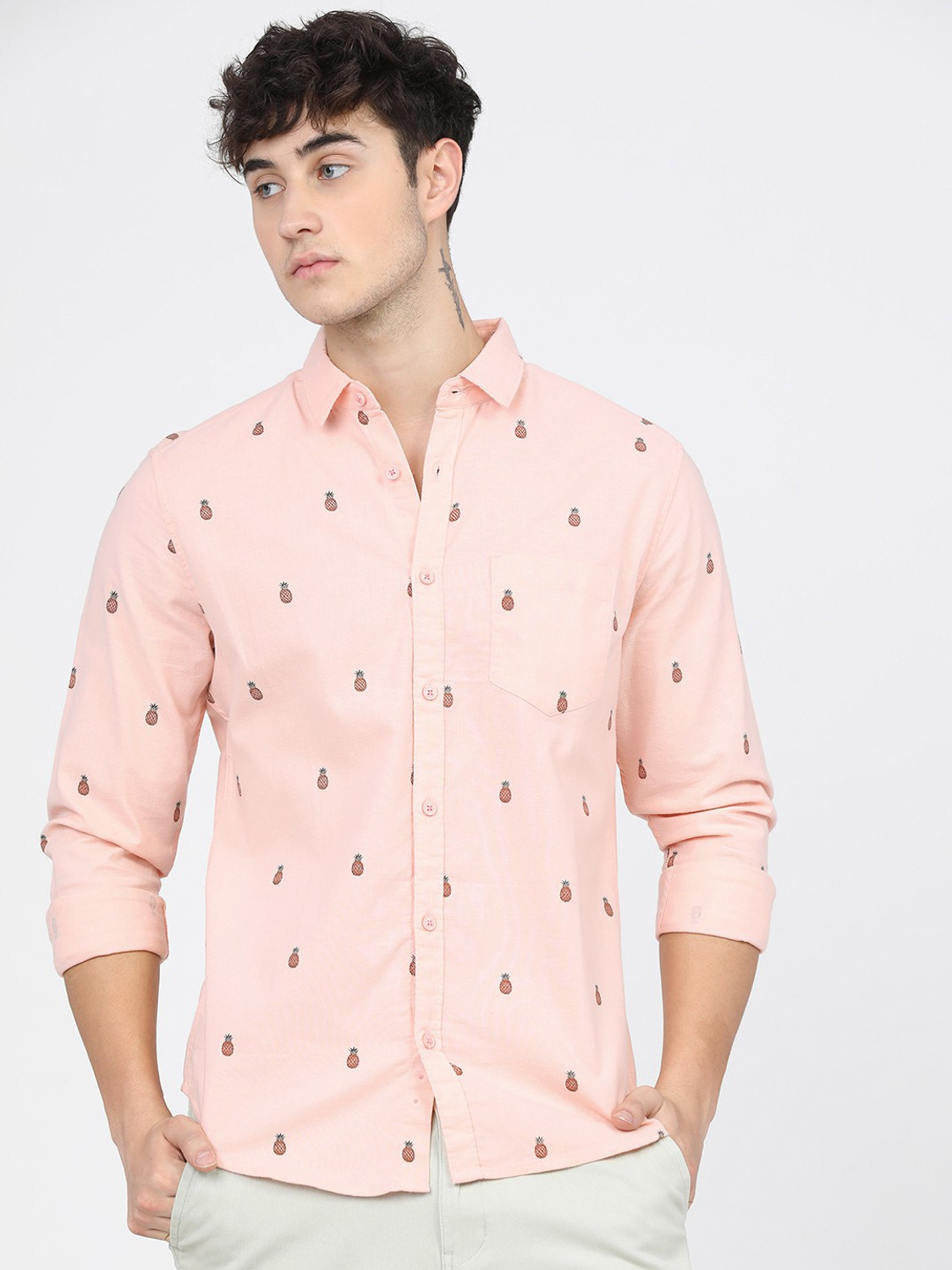 Image of KETCH Men Printed Casual Pink Shirt