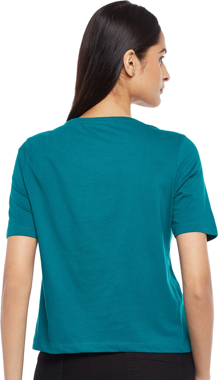 Image of PEOPLE Printed Women Round Neck Green T-Shirt