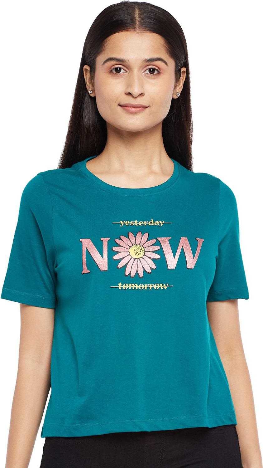 Image of PEOPLE Printed Women Round Neck Green T-Shirt