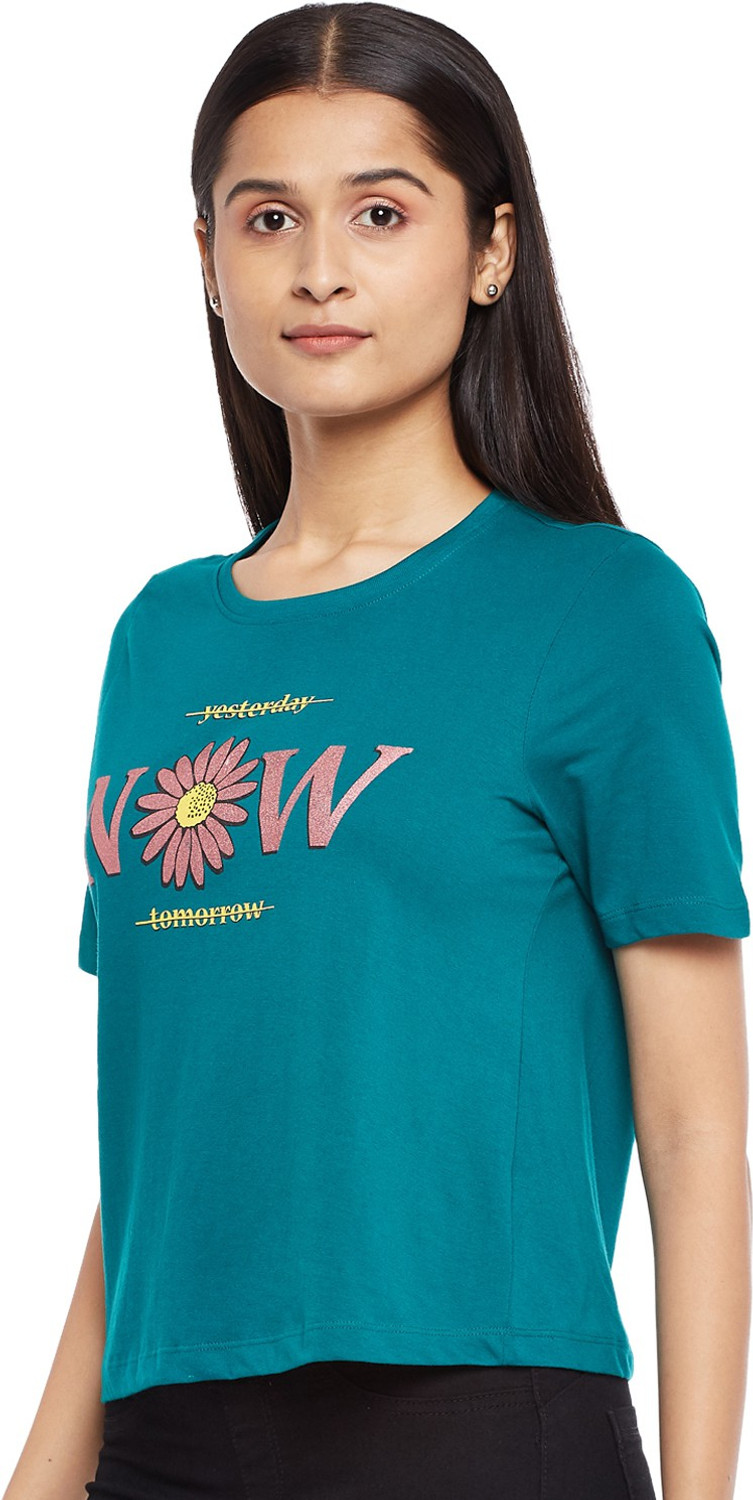 Image of PEOPLE Printed Women Round Neck Green T-Shirt