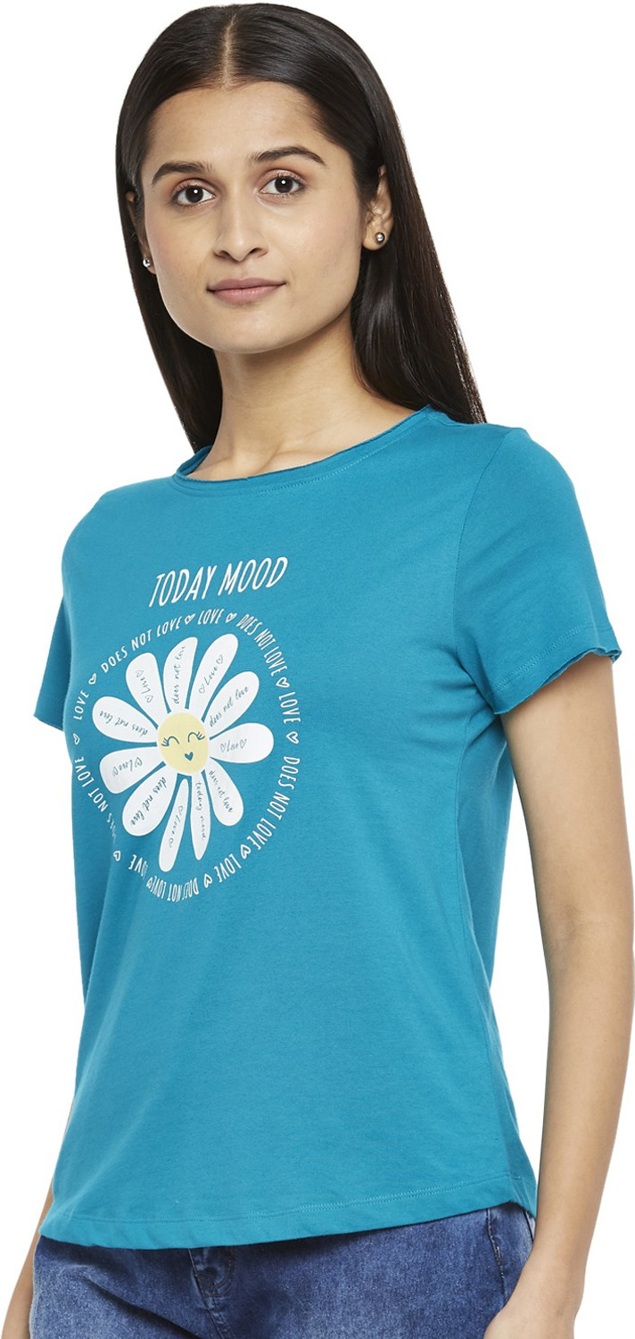 Image of PEOPLE Printed Women Round Neck Blue T-Shirt