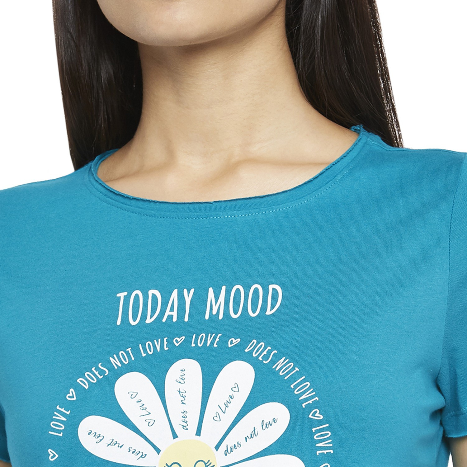 Image of PEOPLE Printed Women Round Neck Blue T-Shirt
