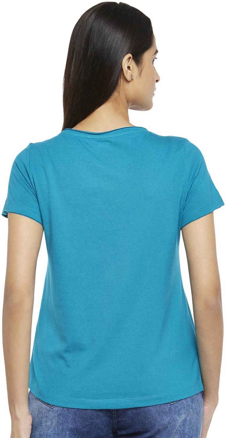 Image of PEOPLE Printed Women Round Neck Blue T-Shirt