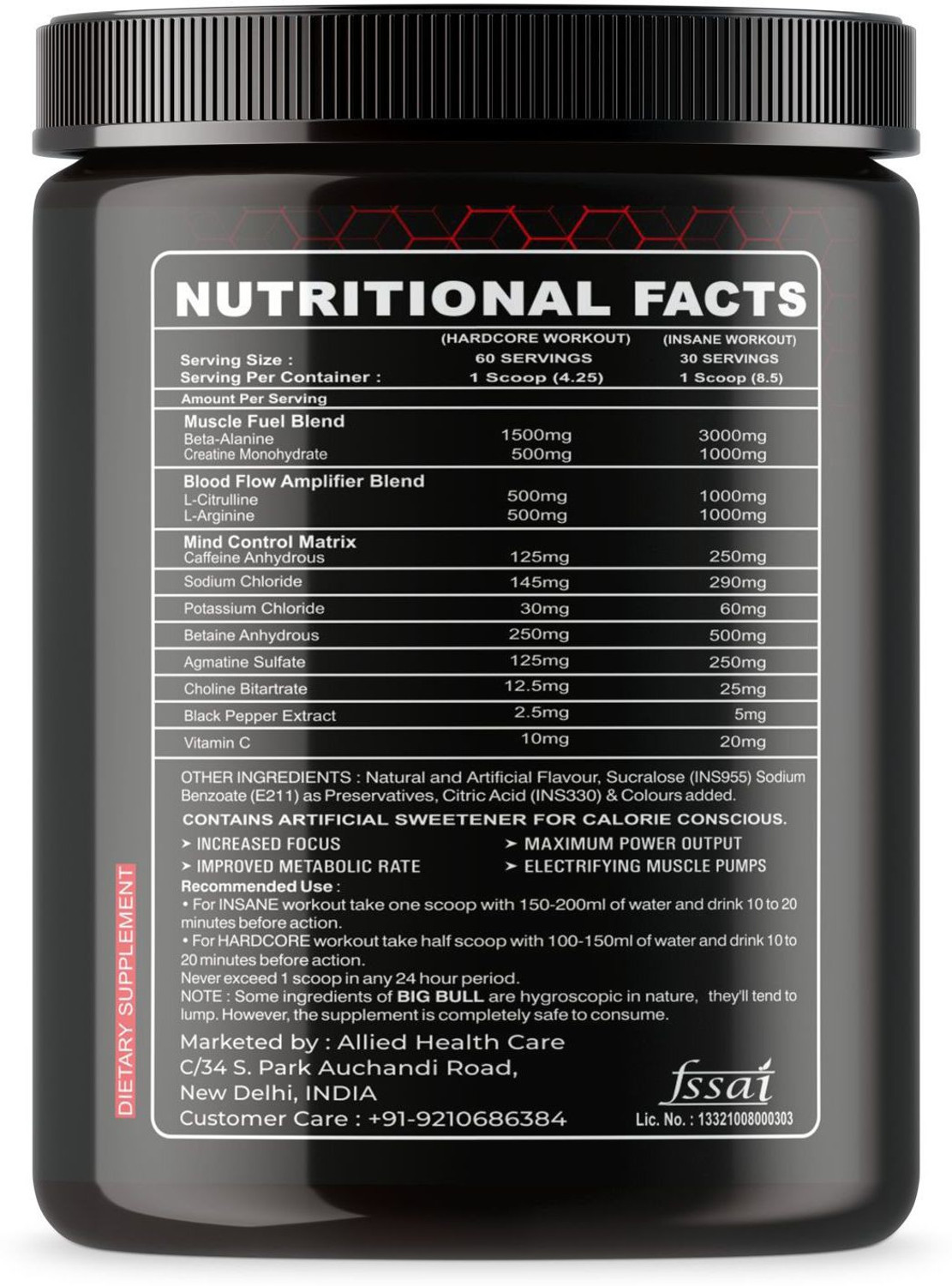 Image of Big Bull BigBull Hardcore Pre-Workout [30-60 Serving, 255g] Free Shaker Energy Drink