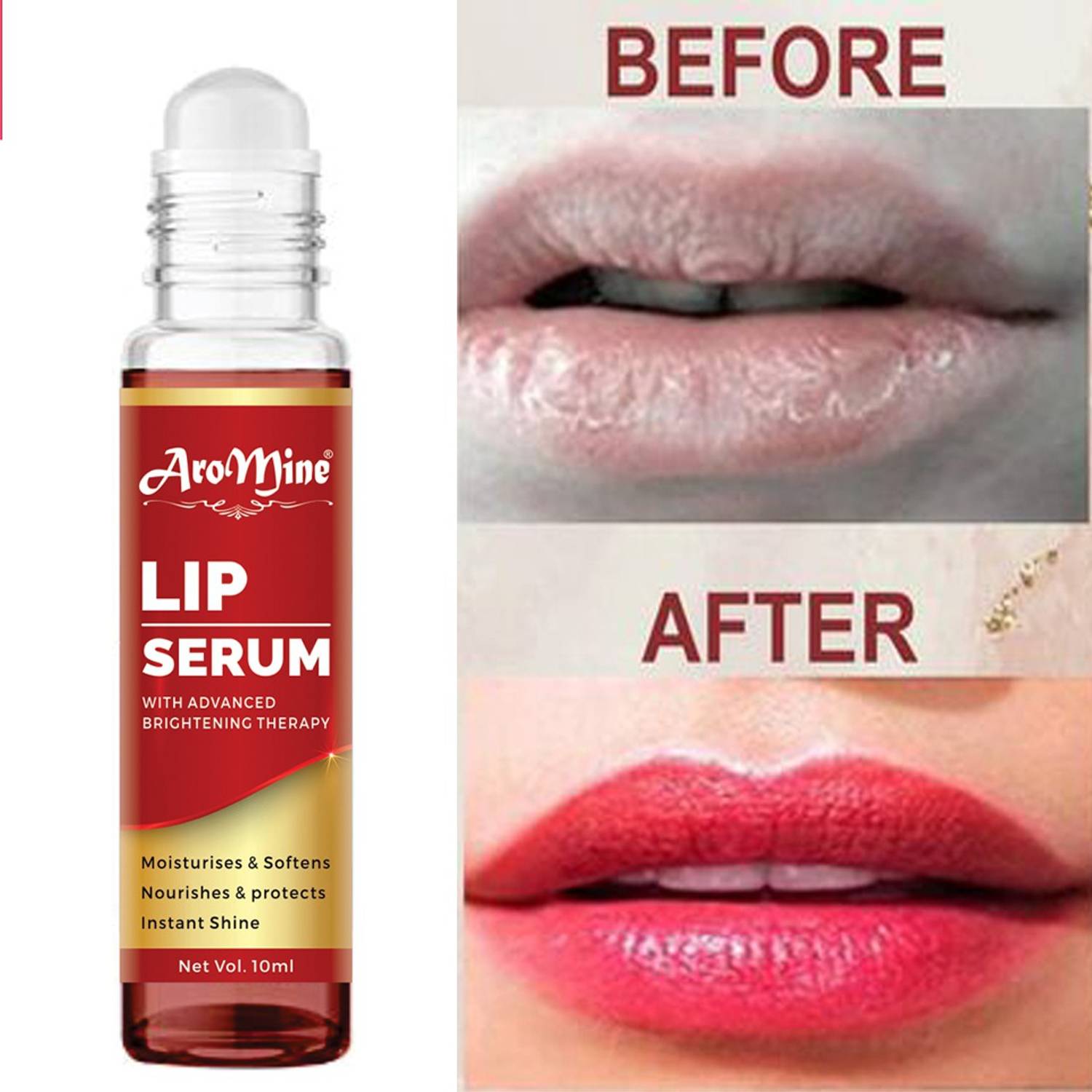 AroMine Lip Serum Roll On, - Advanced Brightening Therapy for Soft, Moisturised Lips With Glossy & Shine- - Strawberry