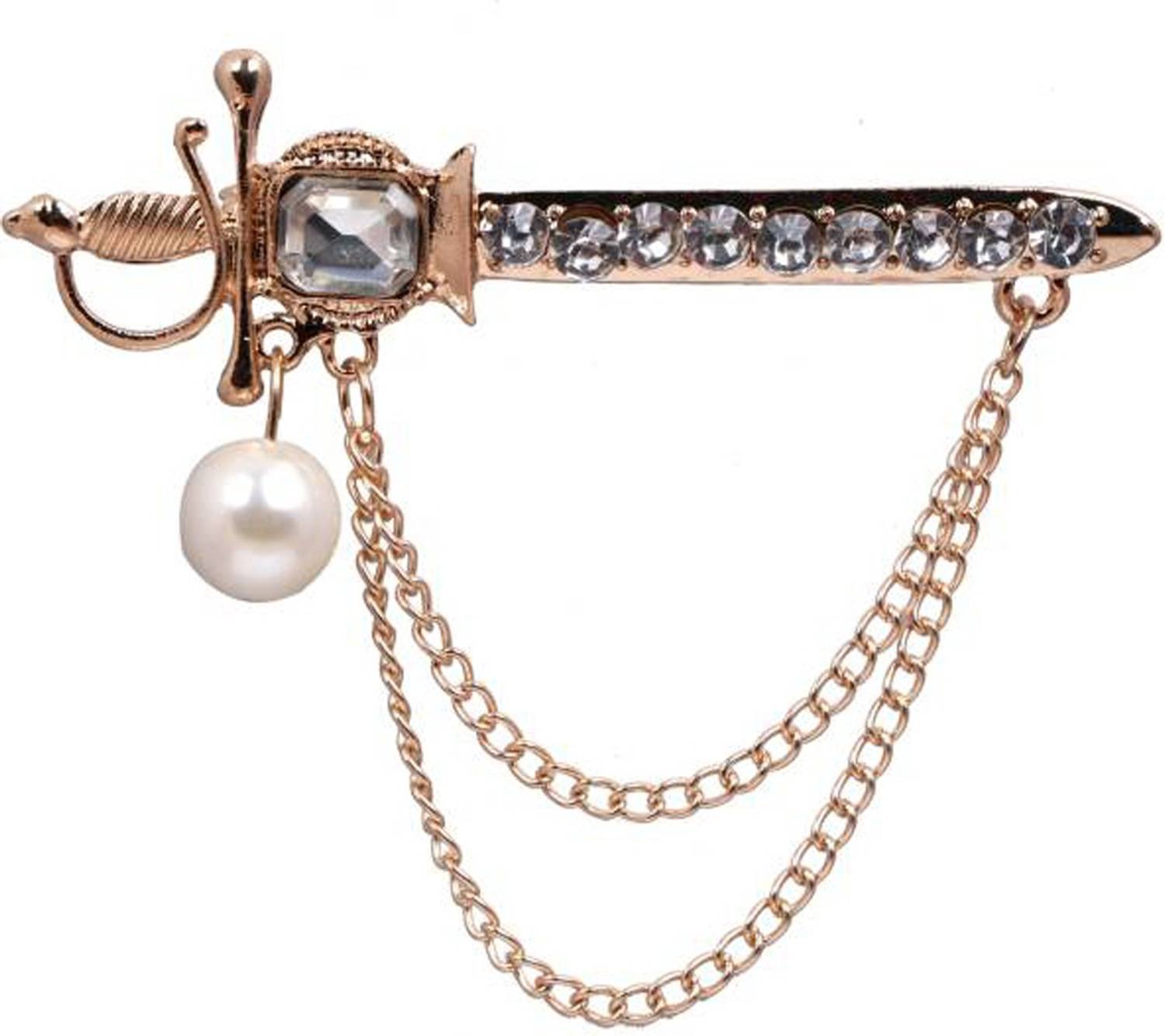 Aarohi Mens Gold Plated White Pearl Lion Knight Sword Austrian Rhinestone Crystal Suit Blazer Brooch Pin For Men And Boys ABROWH10-011C Brooch