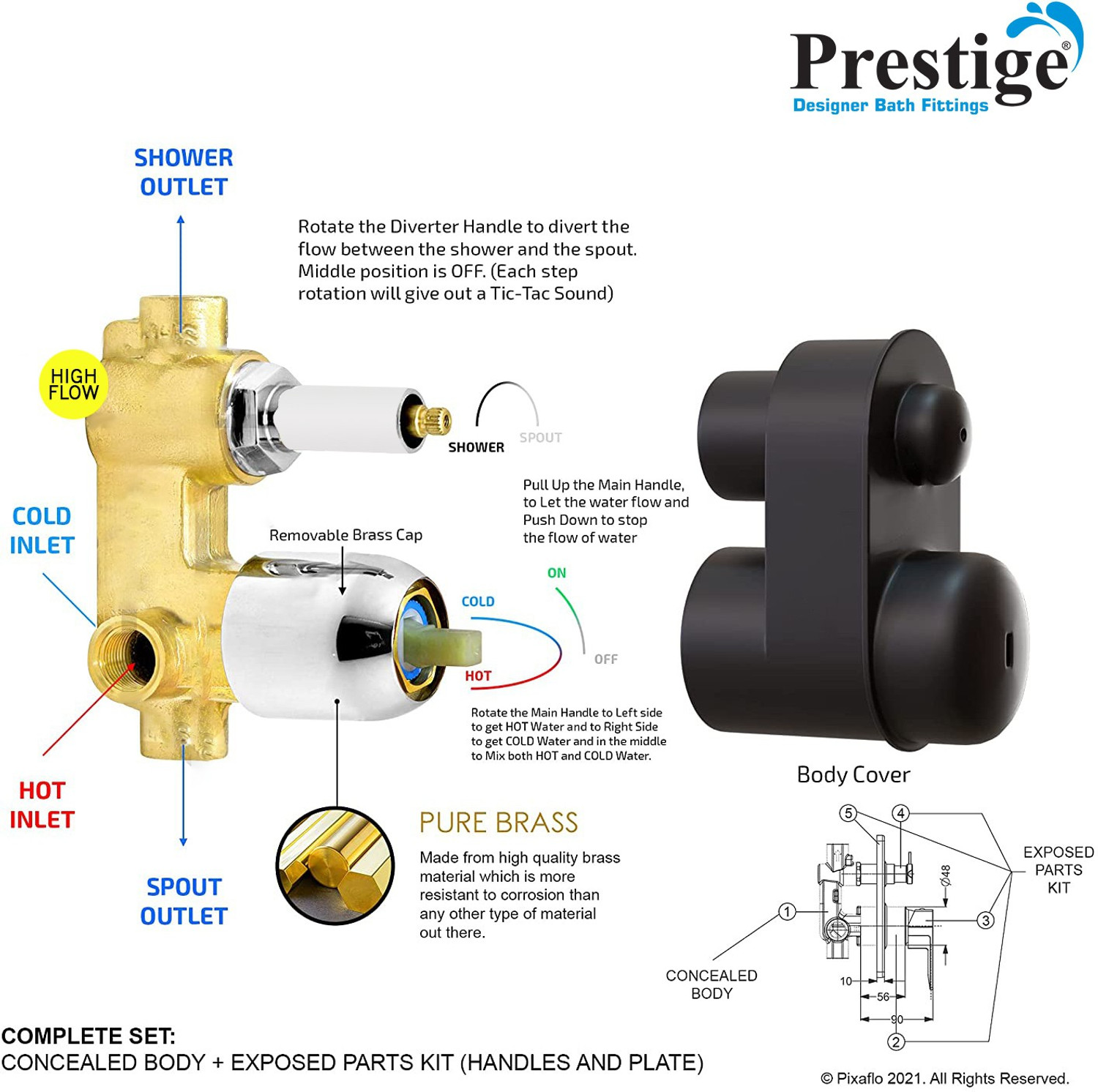 Image of Prestige Flora Divertor with Head Shower And Spout And Hand Shower Set Diverter Faucet