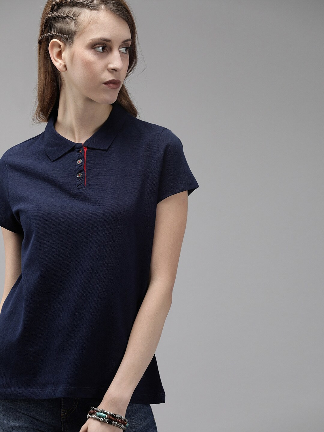Image of Roadster Solid Women Polo Neck Dark Blue T-Shirt