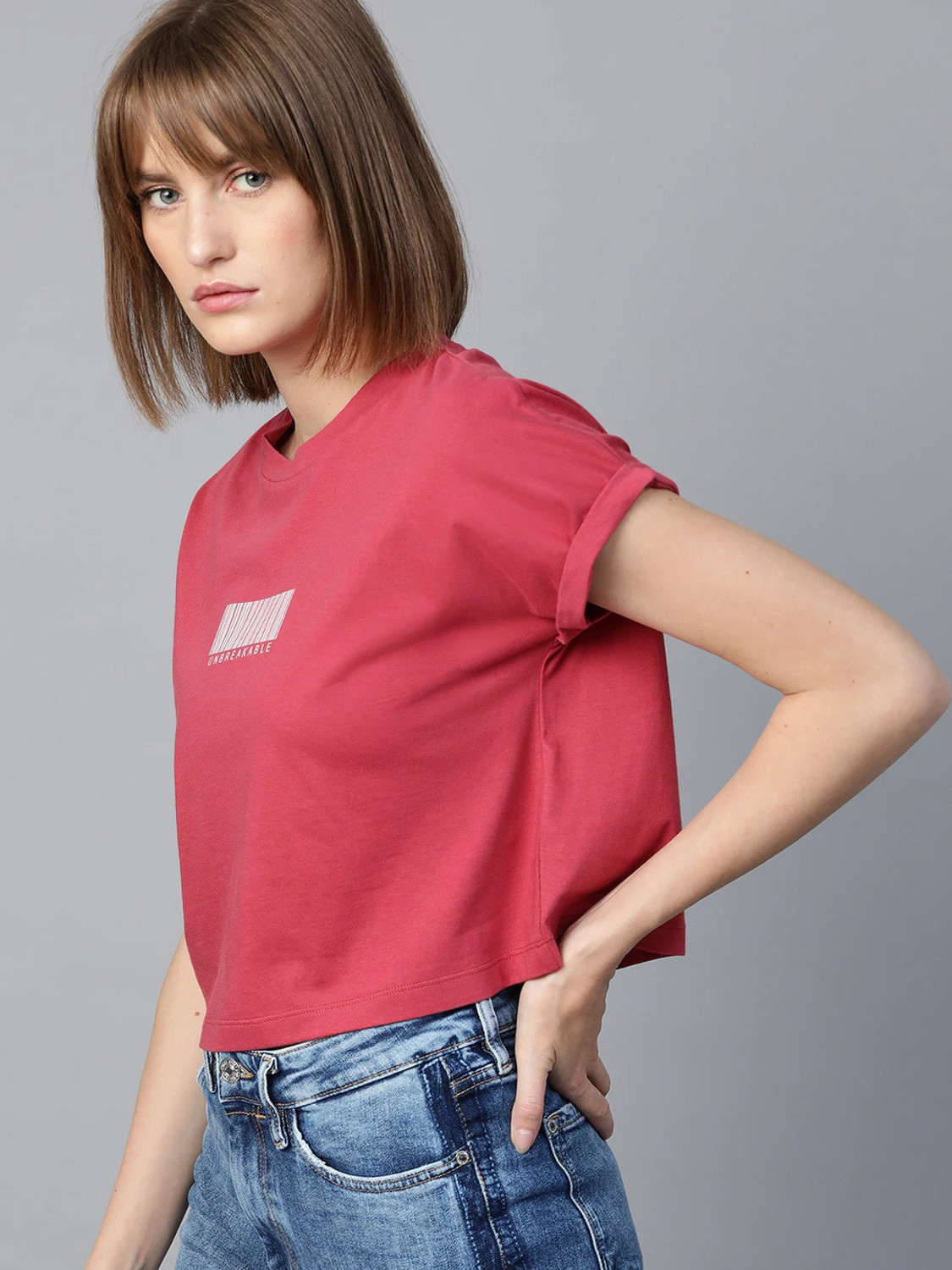 Image of Roadster Solid Women Round Neck Pink T-Shirt