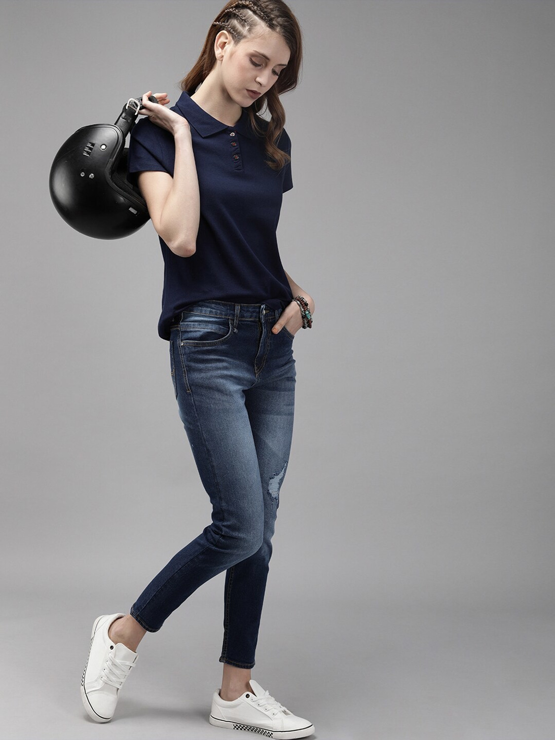 Image of Roadster Solid Women Polo Neck Dark Blue T-Shirt