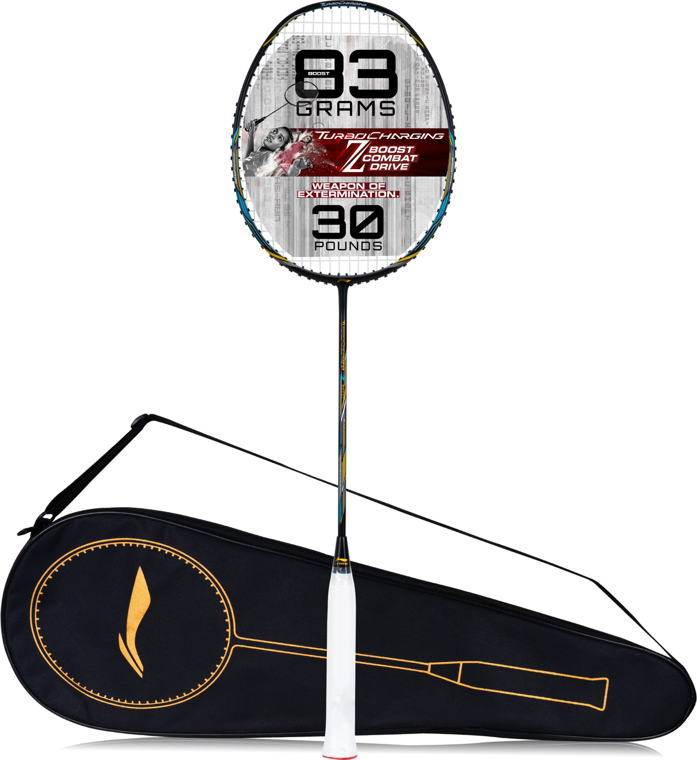 Image of LI-NING Turbo Charging Z Boost Black, Blue, Gold Strung Badminton Racquet