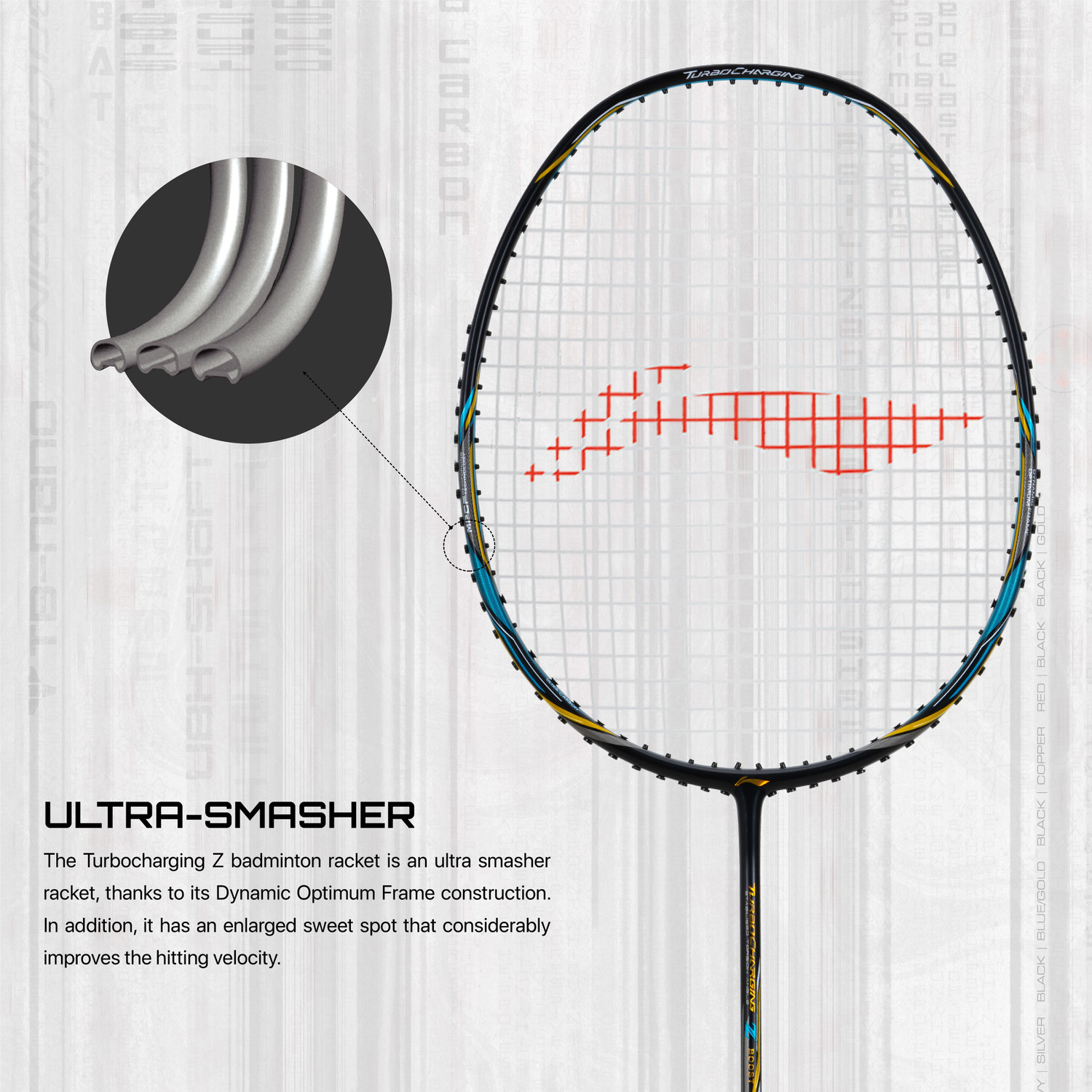 Image of LI-NING Turbo Charging Z Boost Black, Blue, Gold Strung Badminton Racquet