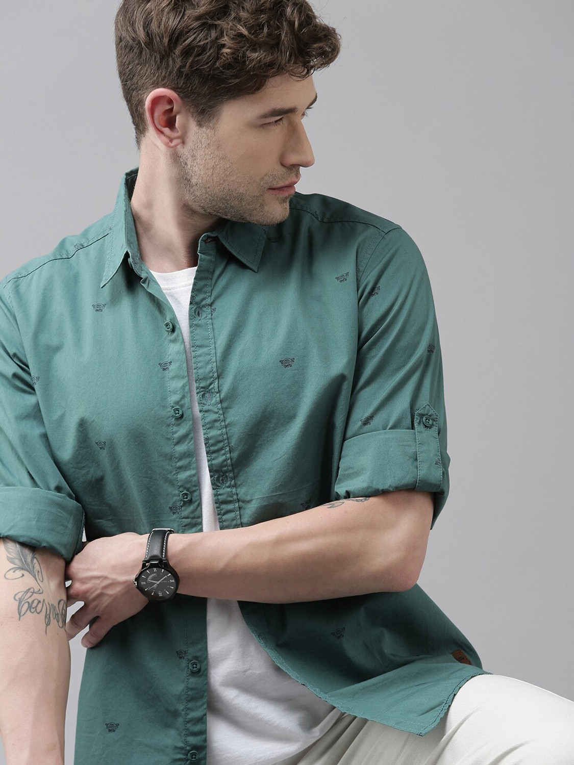 Image of Roadster Men Printed Casual Green Shirt