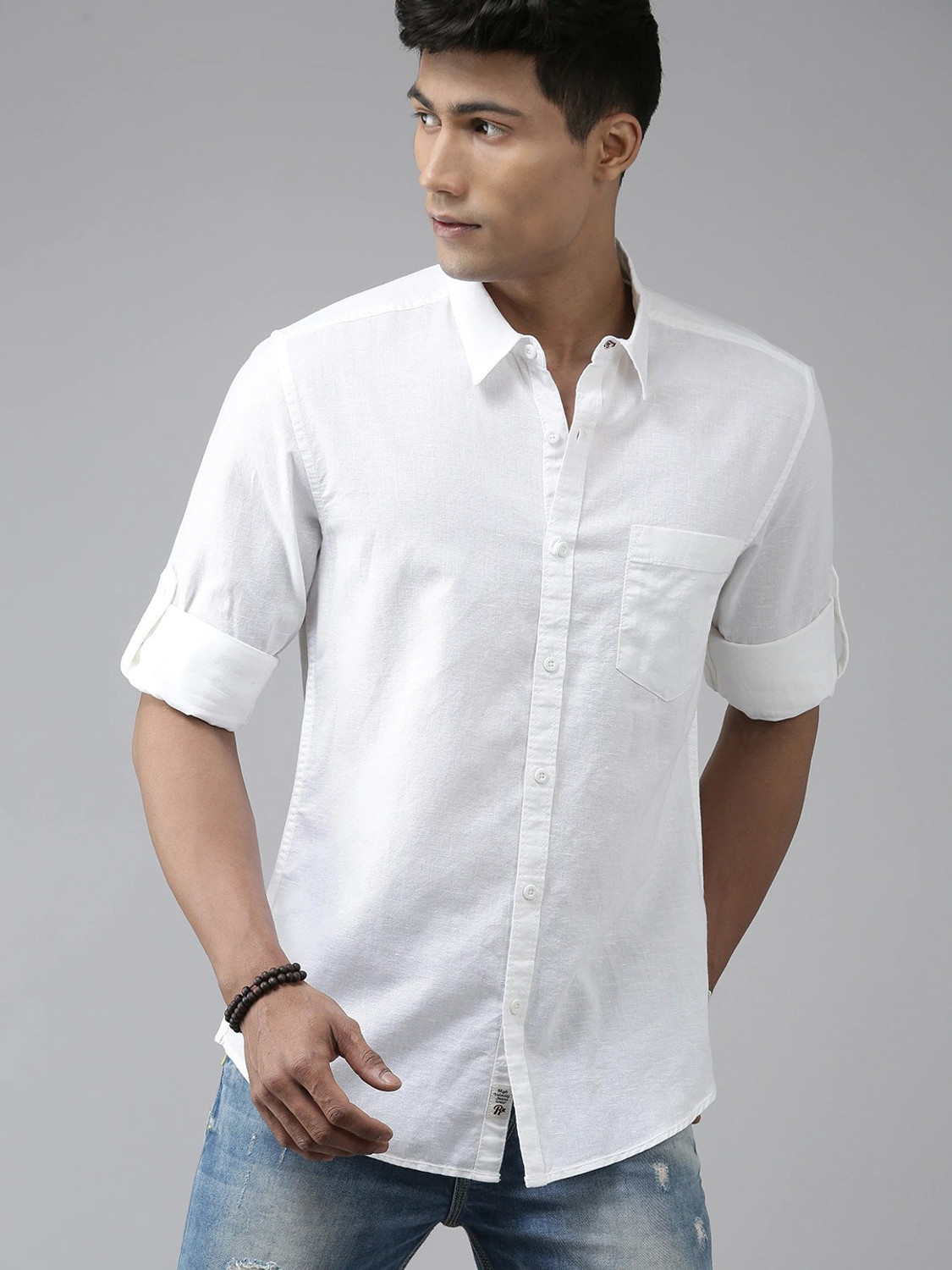 Image of Roadster Men Solid Casual White Shirt