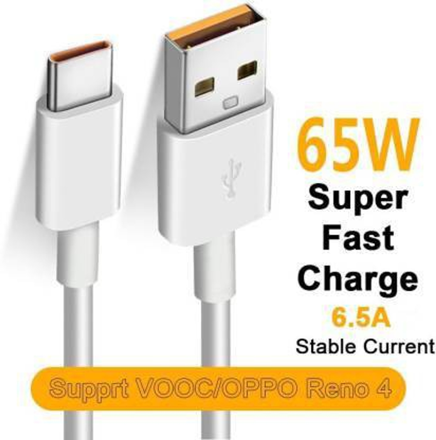 Image of Digidaart USB Type C Cable 8 A 1 m ORIGINAL 65W 10V /6.5A VOOC /DART /WARP /DASH /SUPERVOOC /SUPERDART OPPO /REALME /ONEPLUS,VOOC /WARP /DART /DART (Compatible with OPPO /REALME /ONEPLUS, VOOC /DASH /WARP /DART /SUPERVOOC, White&Yellow, One Cable, USB Type A To USB Type C)