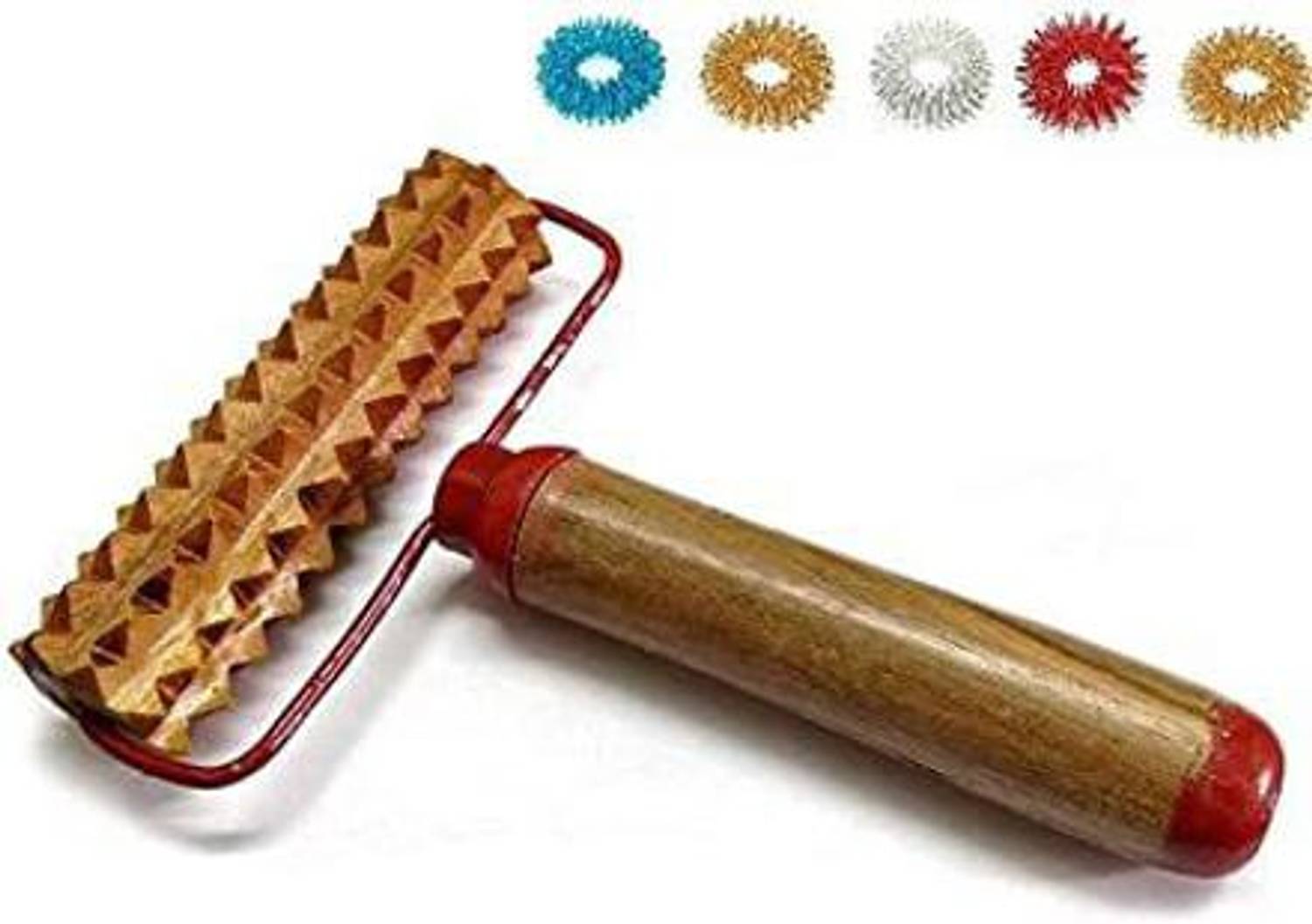 Acs 110 Acupressure Pyramidal Energy Mega Wooden Hand Roller Body Massager with Handle + 5pcs Sujok Finger Rings Wooden Roller Massager (Multicolor) Massager