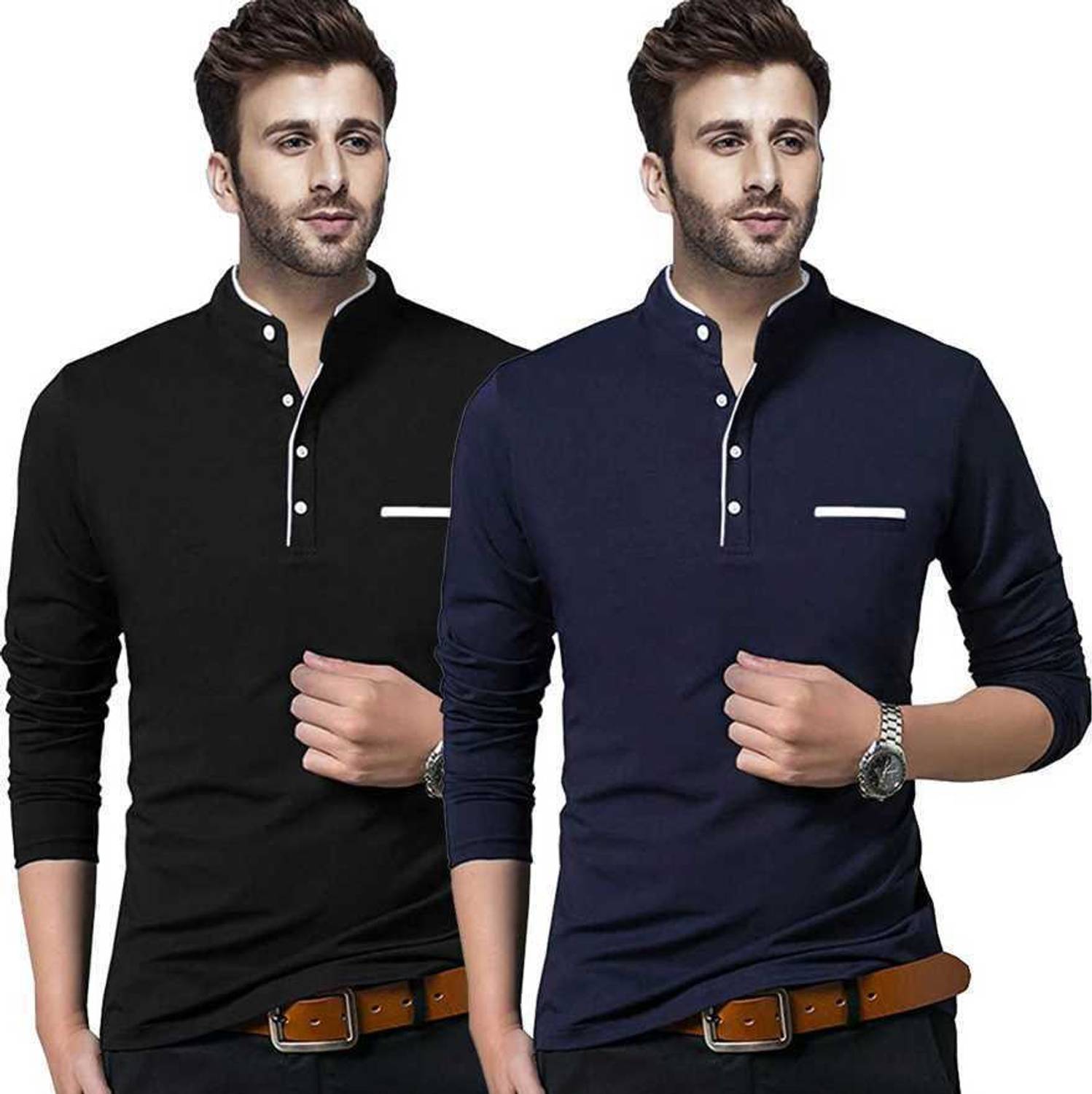 Priyanshu Clothing Solid Men Mandarin Collar Blue, Black T-Shirt
