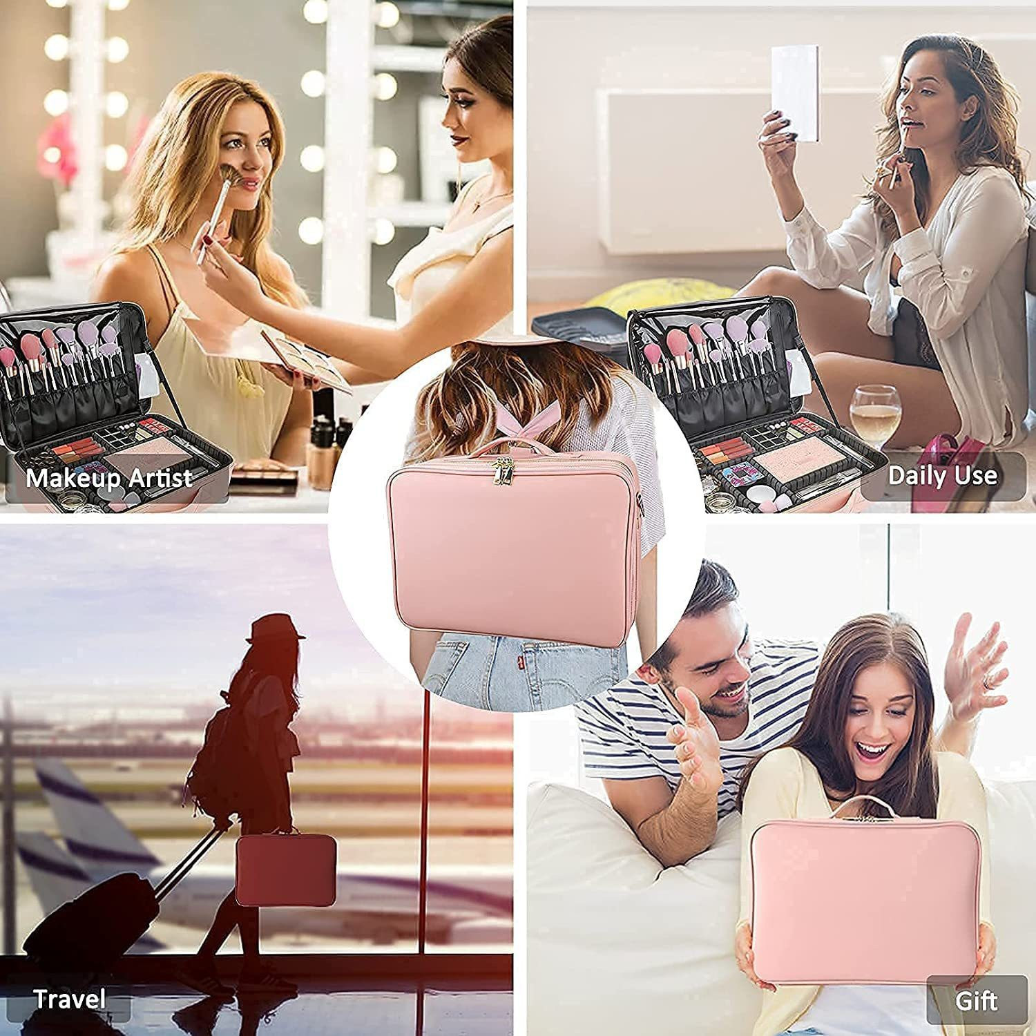 Image of LACOPINE Makeup Organizer Bag, Makeup Case Travel Train Case Large Cosmetic Case Portable with Adjustable Dividers Makeup Brushes Holder Storage Box Make up, Jewelry, Toiletries, Shaving Kit Vanity Box (BABY PINK)