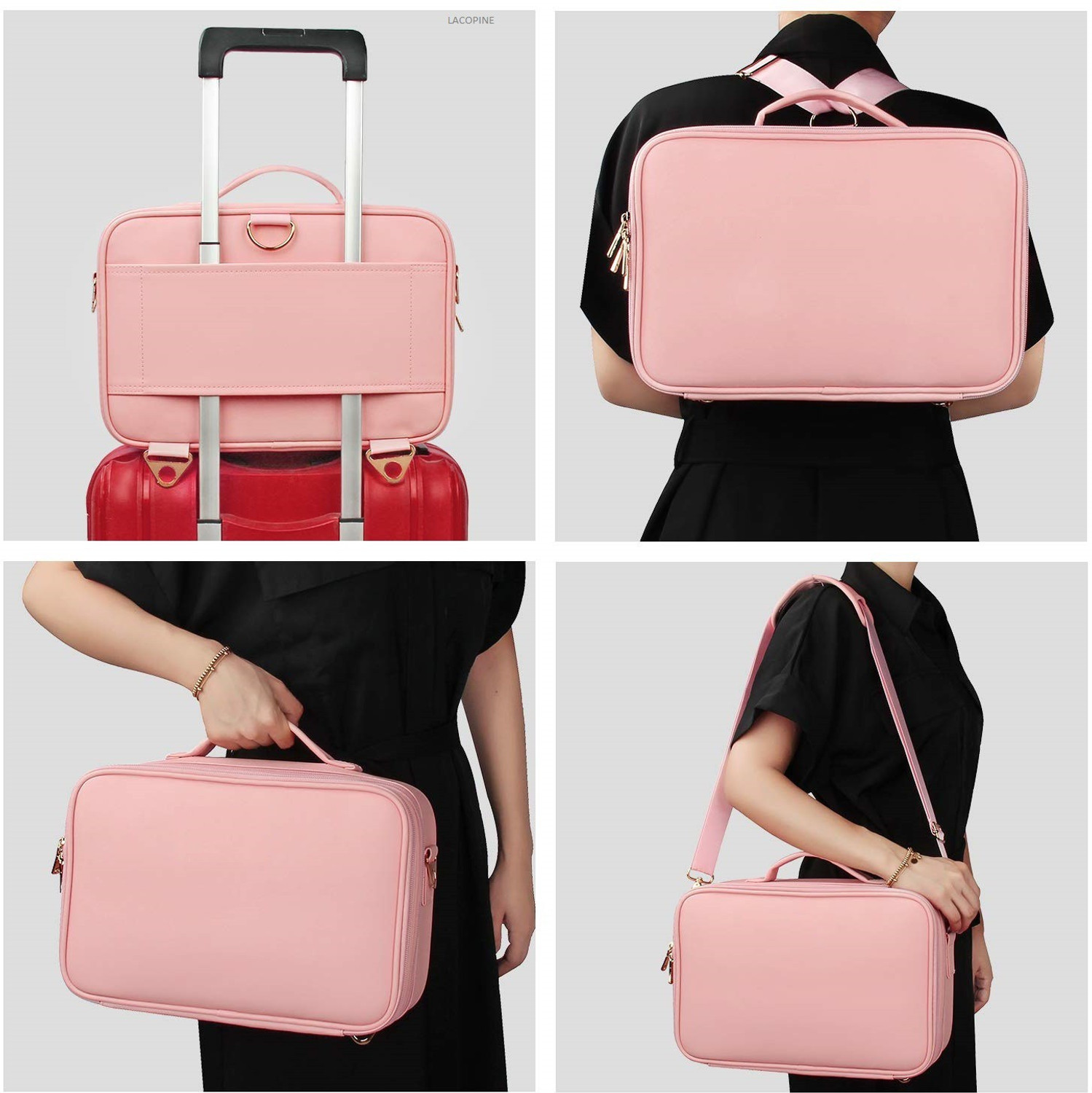 Image of LACOPINE Makeup Organizer Bag, Makeup Case Travel Train Case Large Cosmetic Case Portable with Adjustable Dividers Makeup Brushes Holder Storage Box Make up, Jewelry, Toiletries, Shaving Kit Vanity Box (BABY PINK)