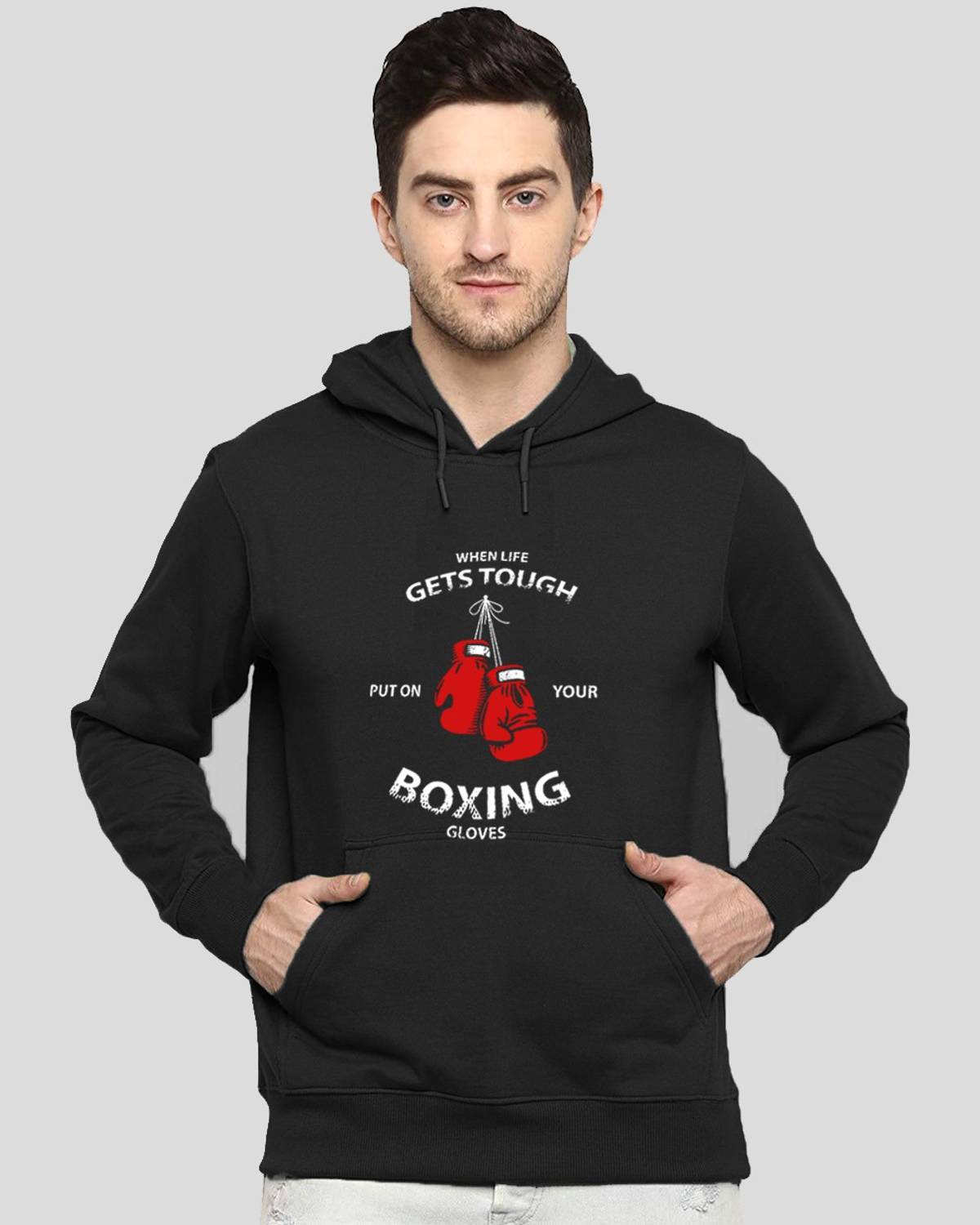 ADRO Men Graphic Print Hooded Neck Cotton Blend Black T-Shirt