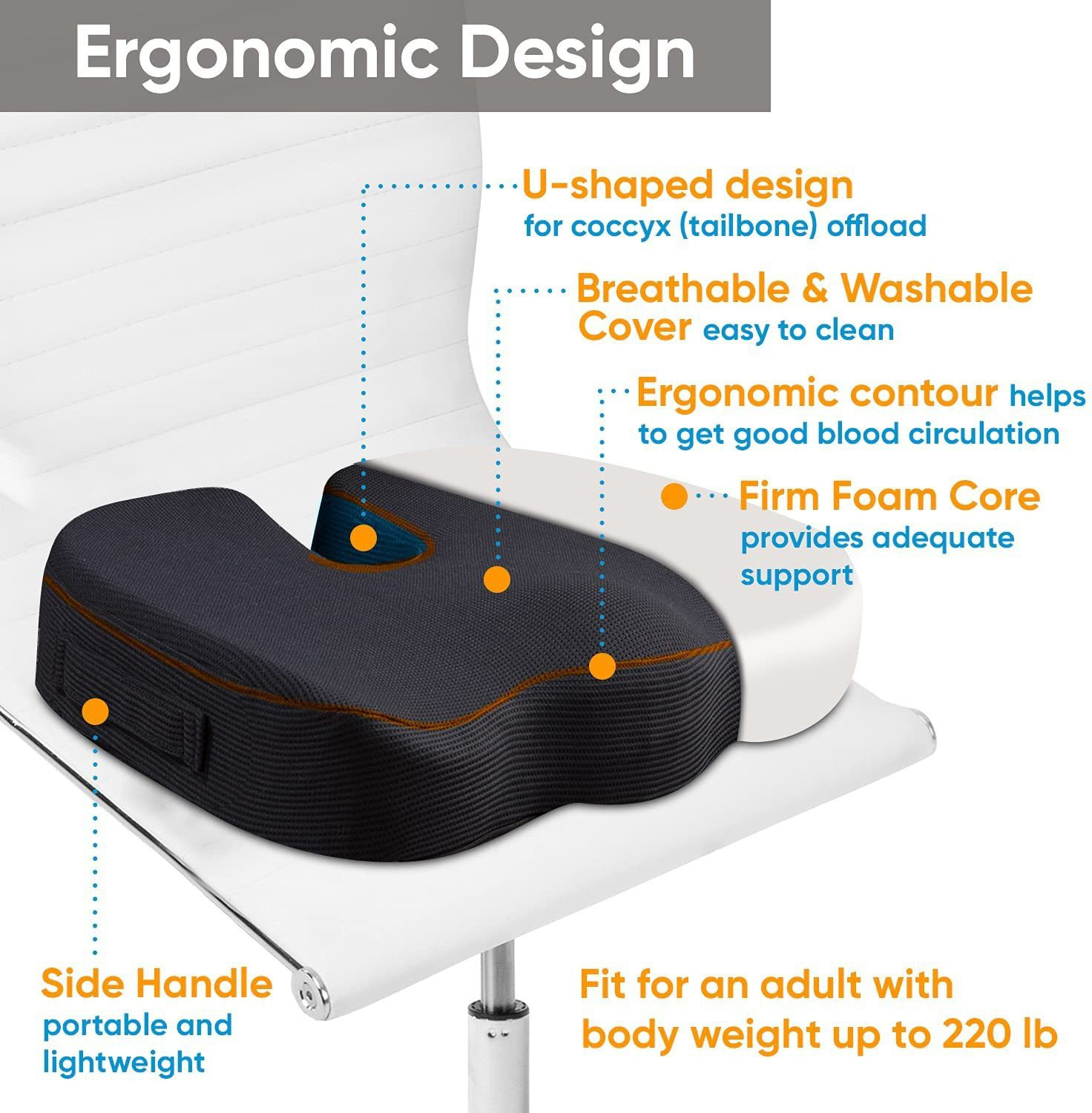 Image of NWLY Coccyx Seat Cushion Pillow for Office Chair Tailbone, Sciatica, Lower Pain Back / Lumbar Support