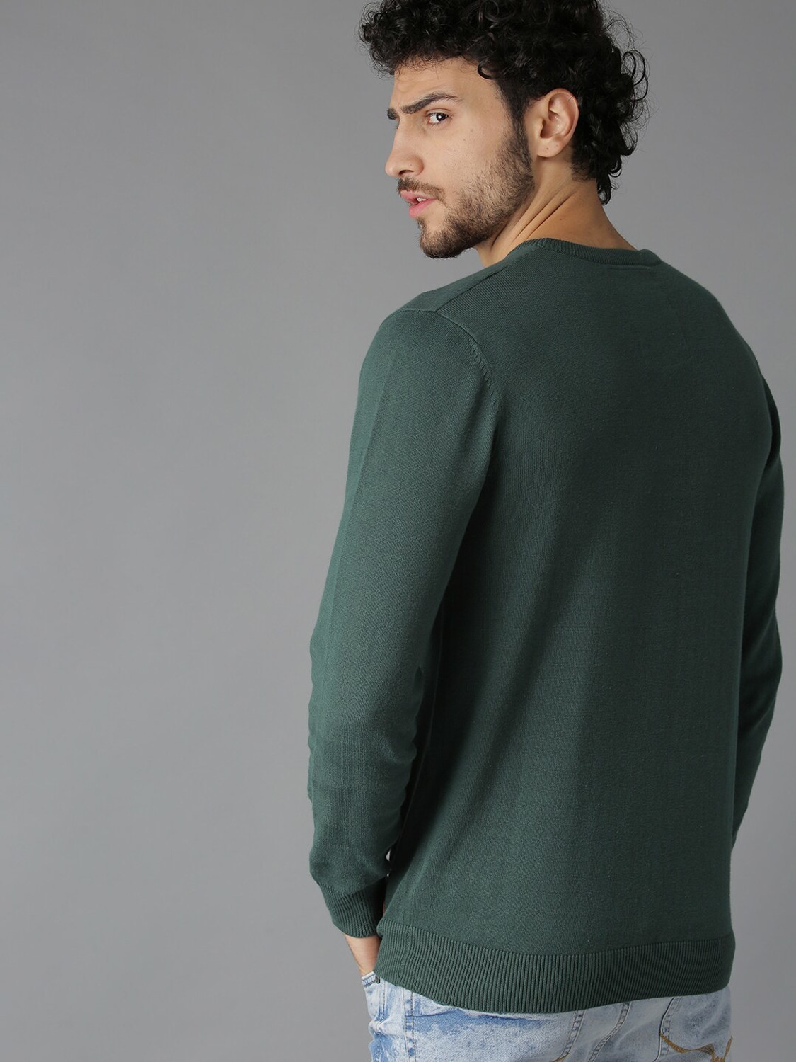 Image of Roadster Solid Round Neck Casual Men Green Sweater