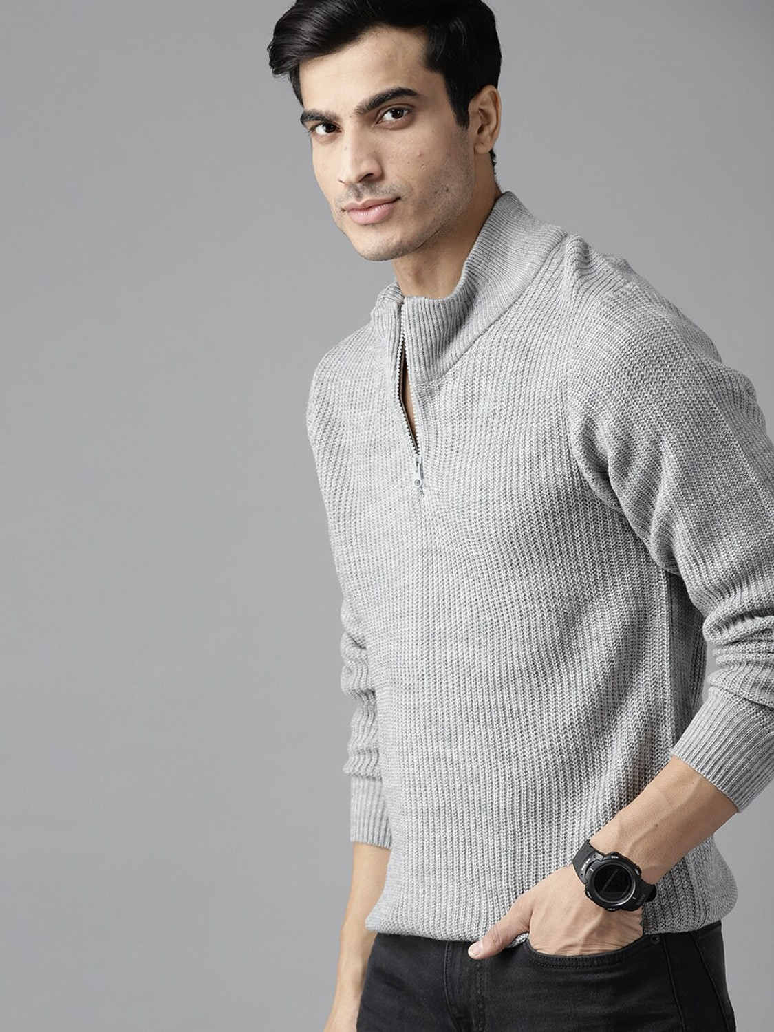 Image of Roadster Woven Casual Men Grey Sweater