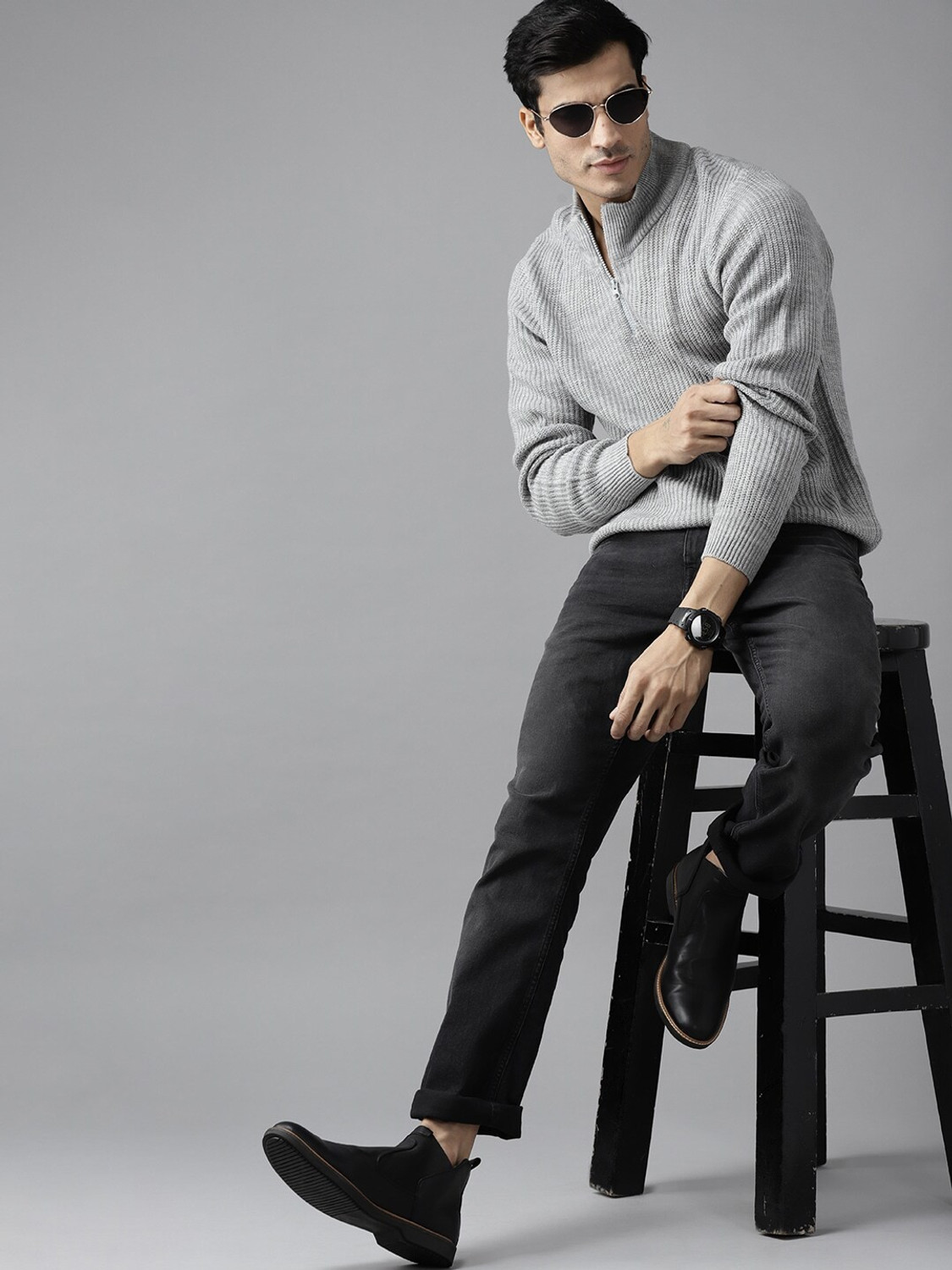 Image of Roadster Woven Casual Men Grey Sweater