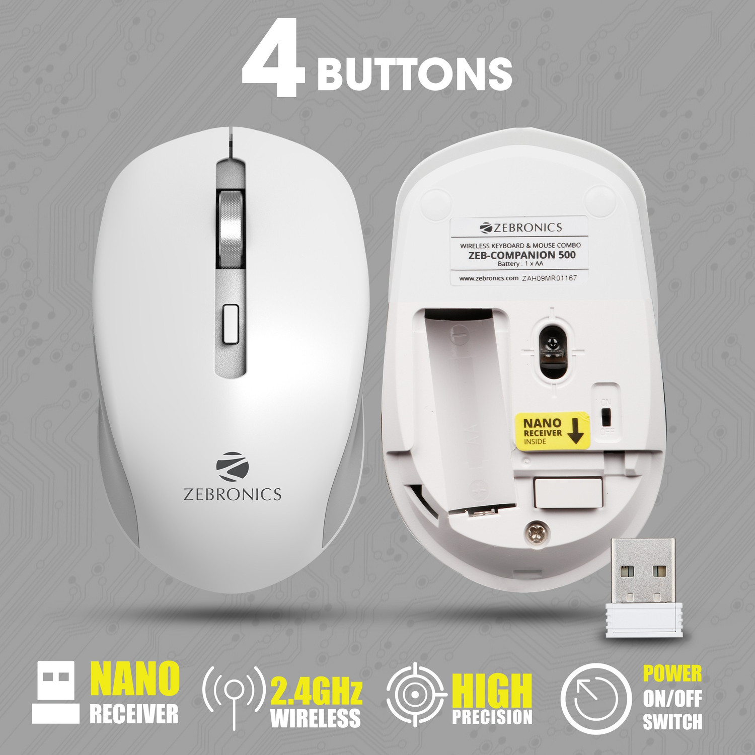 Image of ZEBRONICS Zeb-Companion 500 and Mouse Combo Wireless Standard Desktop Keyboard Compatible with Desktop, Laptop, Mac with Upto 1600 Adjustable DPI Optical Mouse, 2.4GHz Wireless, 119 Keys Layout, Dedicated Rupee Key Symbol, 12 Multimedia Keys, Ultra-Silent Chiclet Keys (White, Grey)